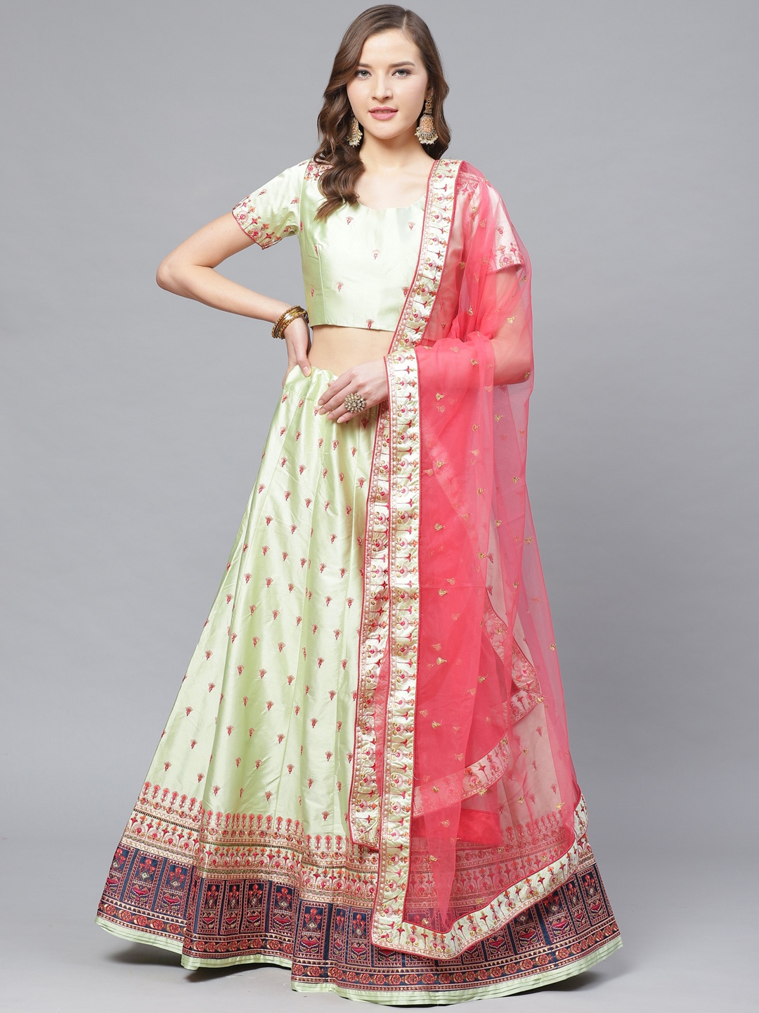 

Mitera Green & Pink Embroidered Semi-Stitched Lehenga & Unstitched Blouse with Dupatta