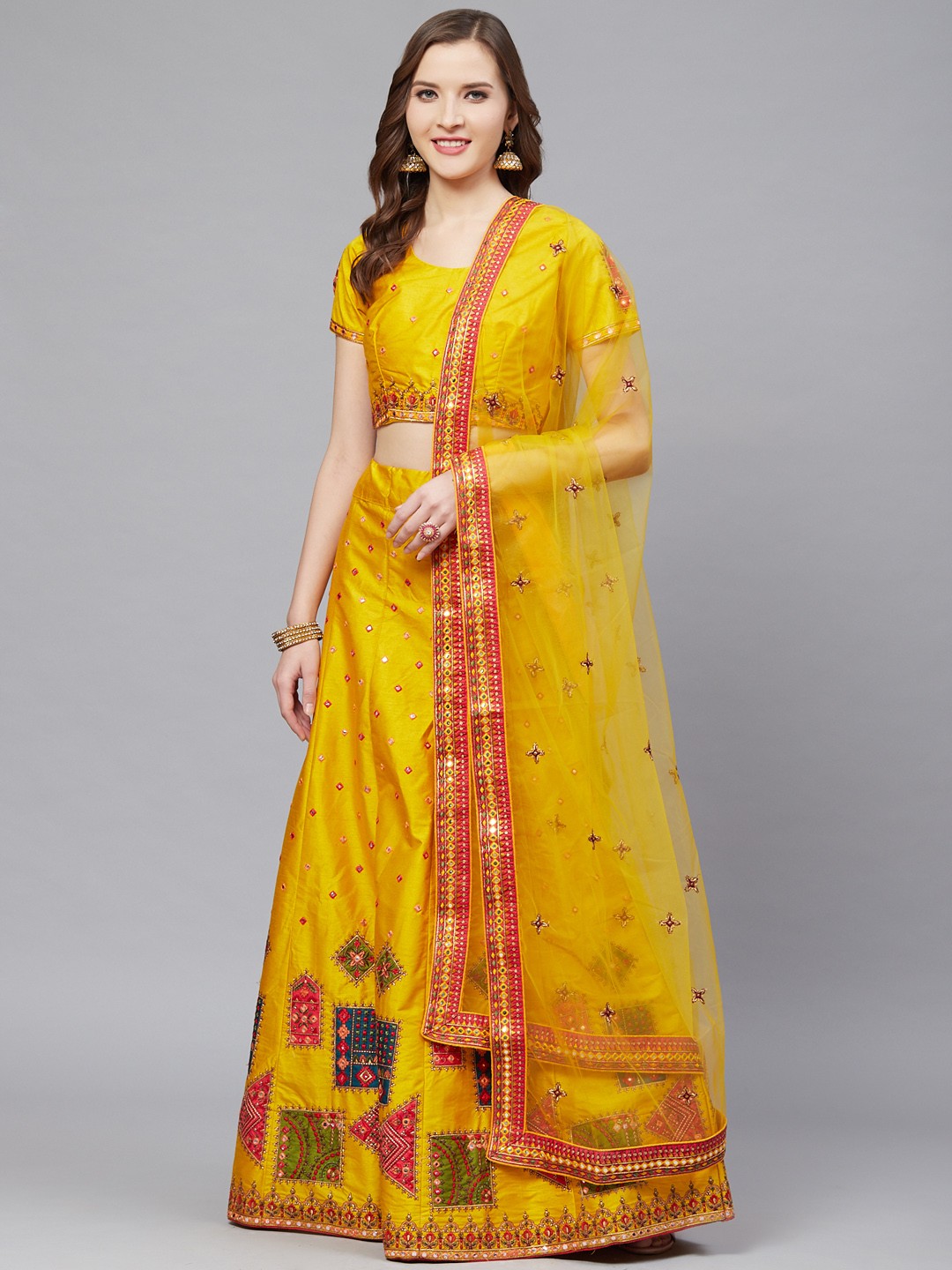 

Mitera Mustard Yellow Semi-Stitched Mirror Work Lehenga & Unstitch Blouse with Dupatta