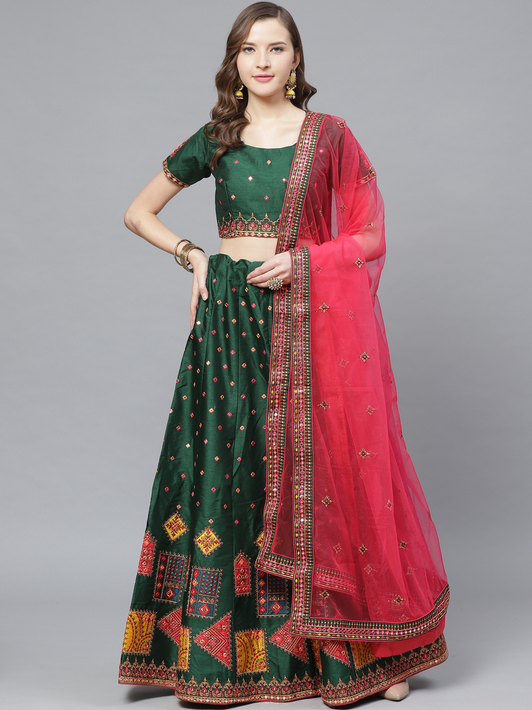 

Mitera Green & Pink Embroidered Semi-Stitched Lehenga & Unstitched Blouse with Dupatta