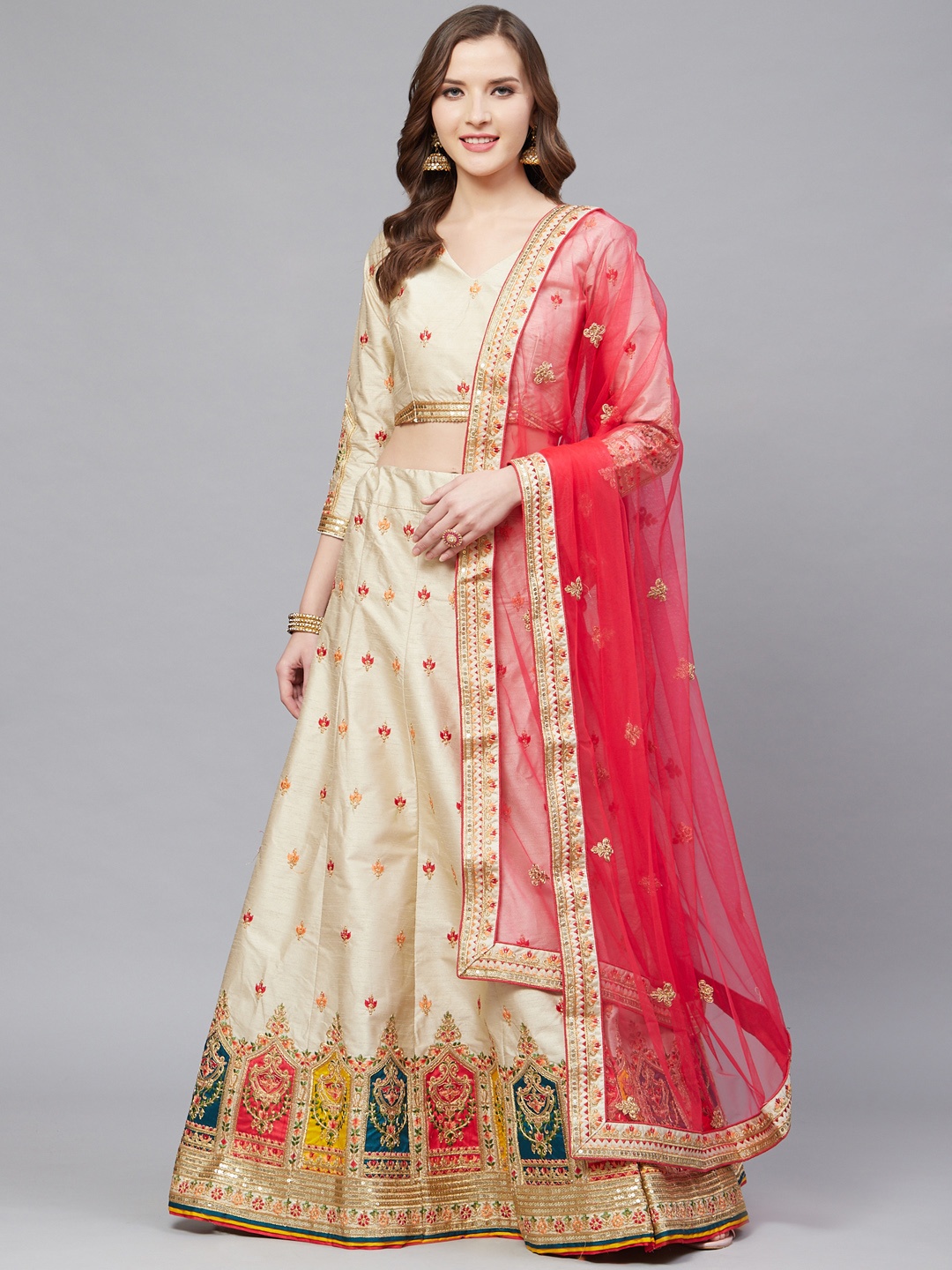 

Mitera Beige & Coral Embroidered Semi-Stitched Lehenga & Unstitched Blouse with Dupatta