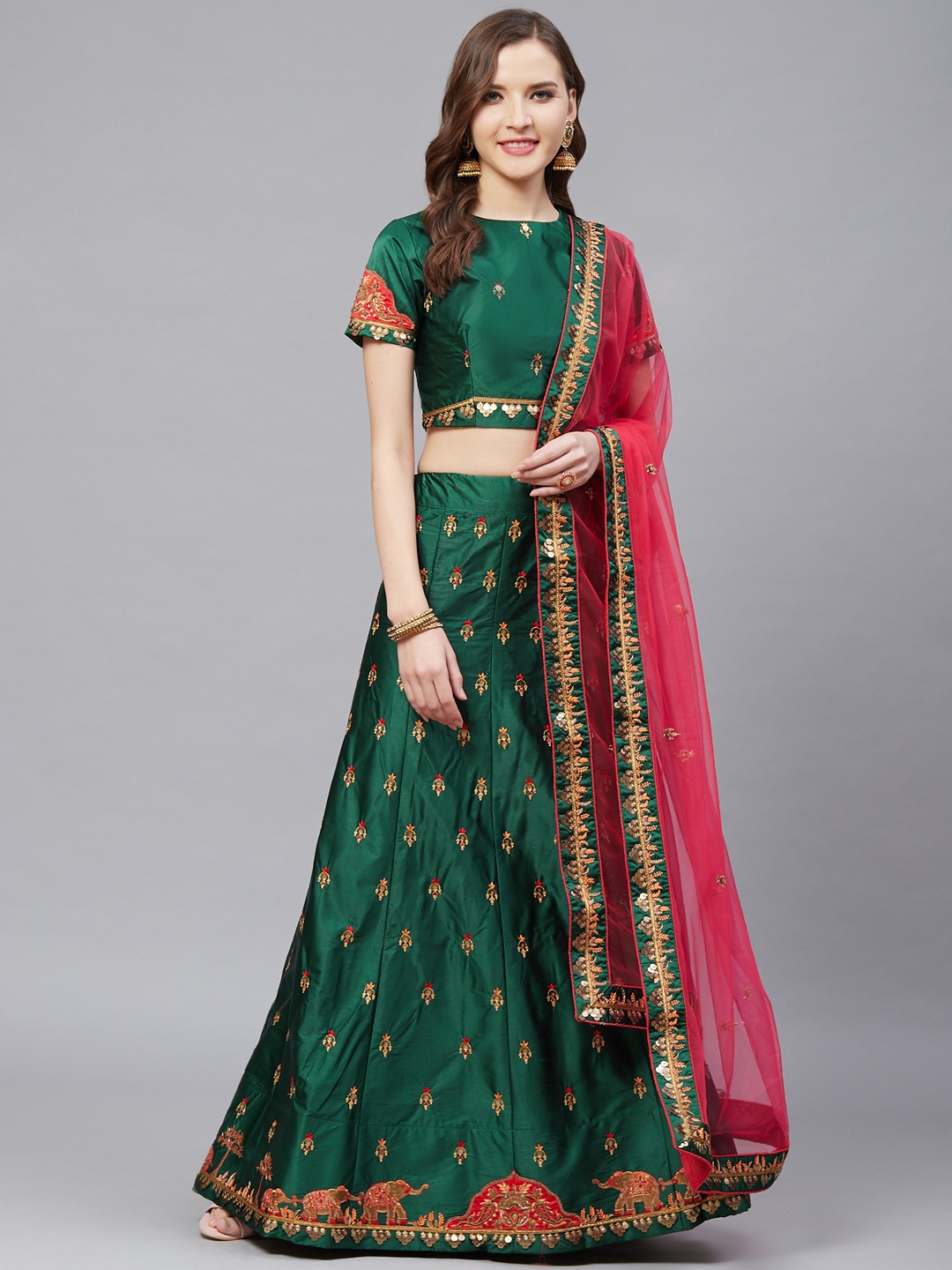 

Mitera Green & Pink Semi-Stitched Lehenga & Unstitched Blouse with Dupatta
