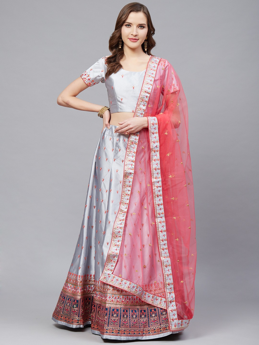 

Mitera Grey & Coral Pink Semi-Stitched Lehenga & Unstitched Blouse with Dupatta