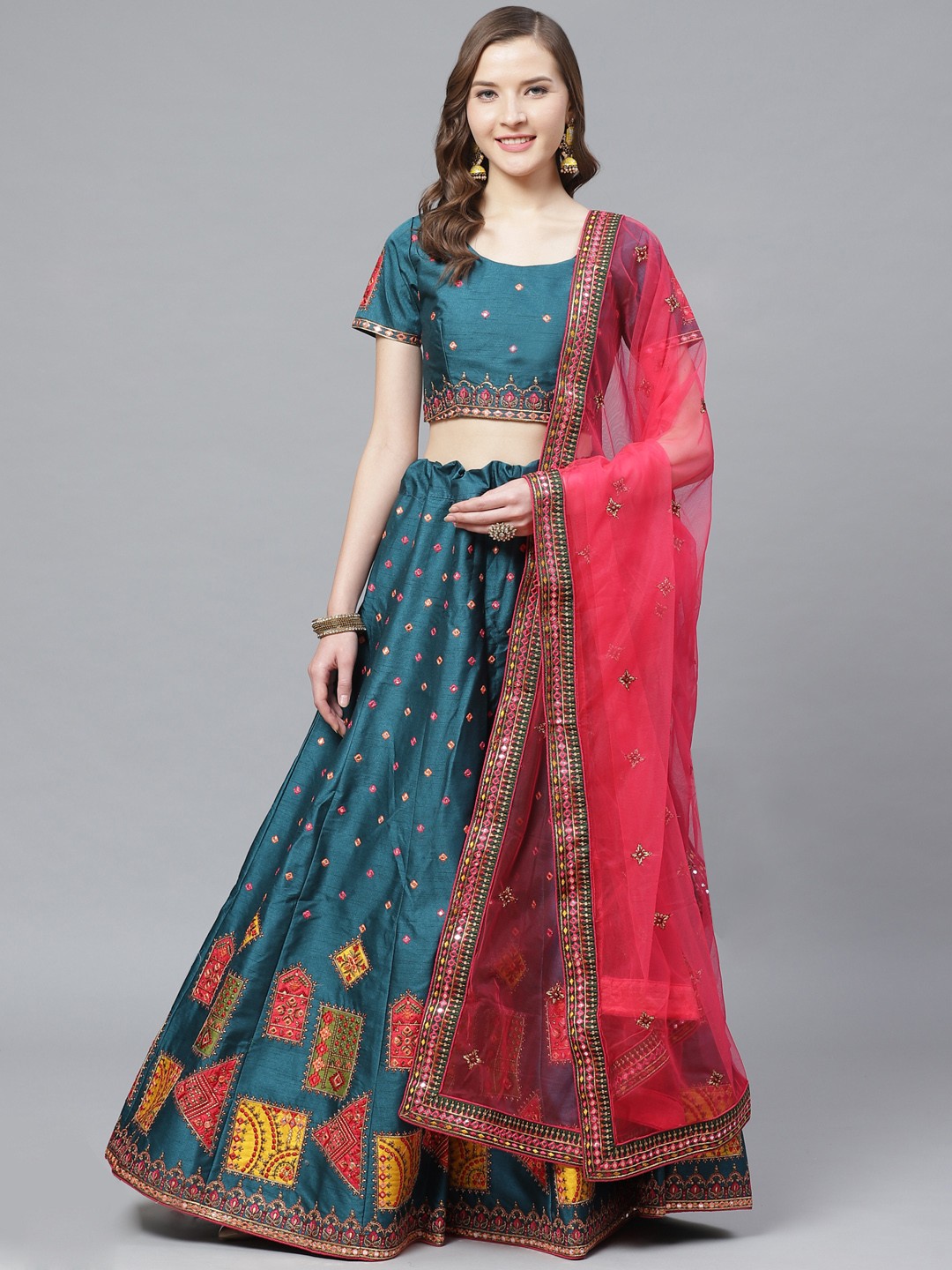 

Mitera Teal Blue & Pink Mirror Semi-Stitched Lehenga & Unstitched Blouse with Dupatta