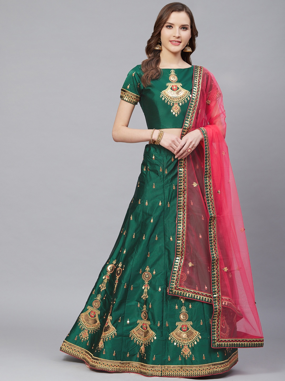 

Mitera Green Embroidered Semi-Stitched Lehenga & Unstitched Blouse with Dupatta