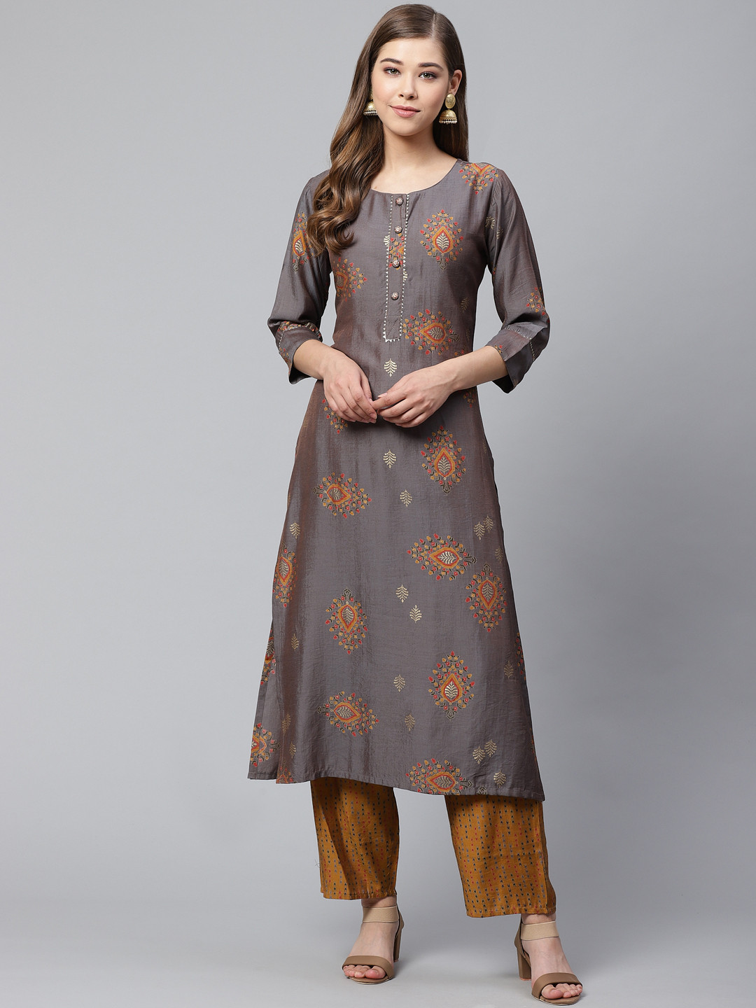 

Cayman Women Taupe & Mustard Brown Printed Kurta with Trousers
