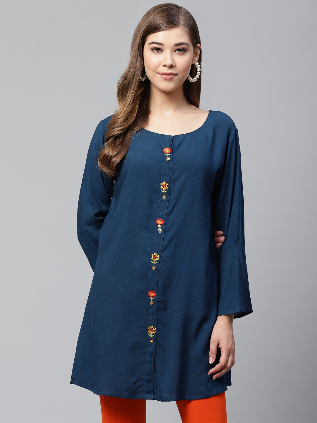 

Cayman Women Teal Blue Floral Embroidered A-Line Kurti