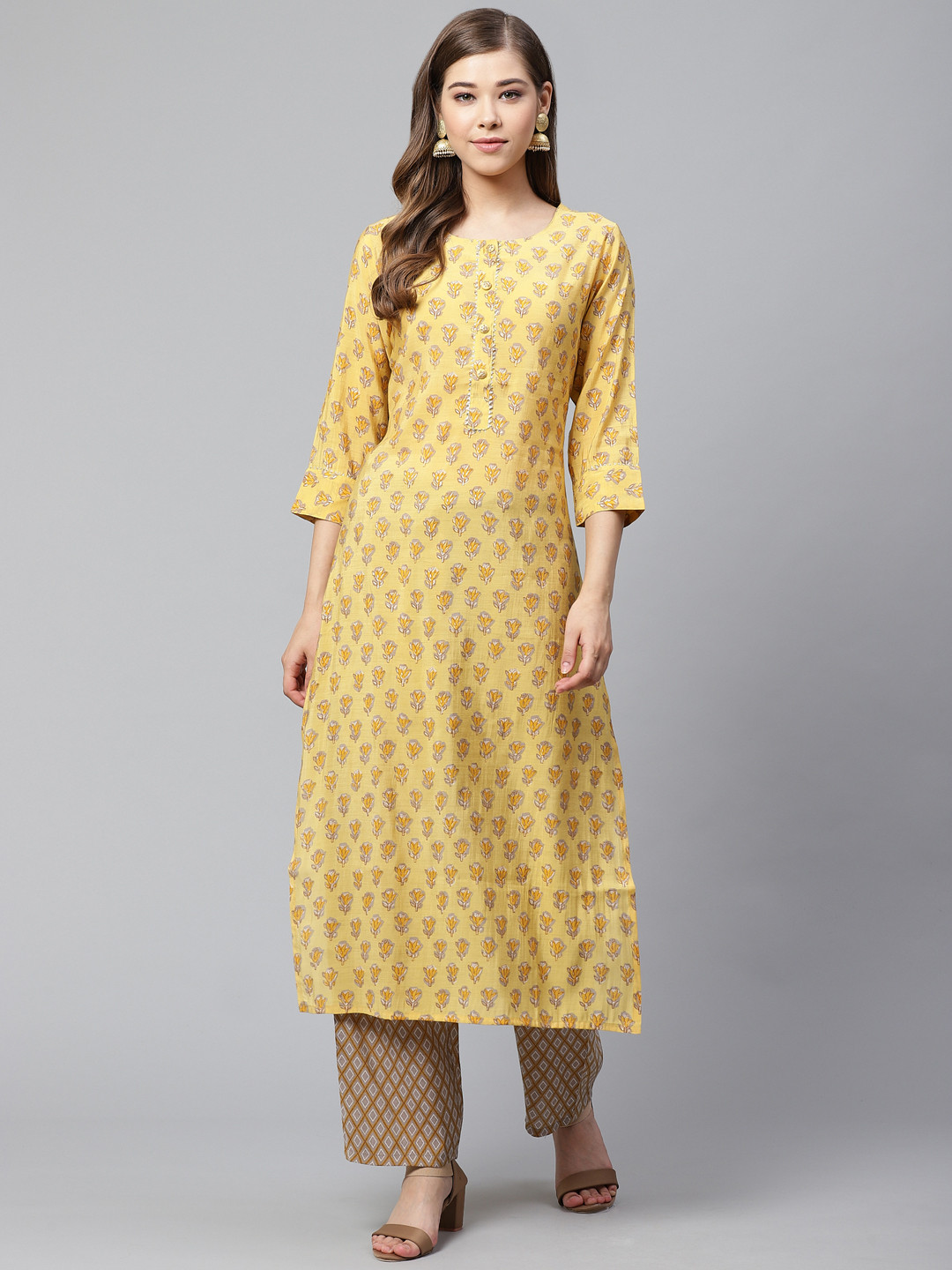 

Cayman Women Mustard Yellow & Grey Printed Kurta with Palazzos