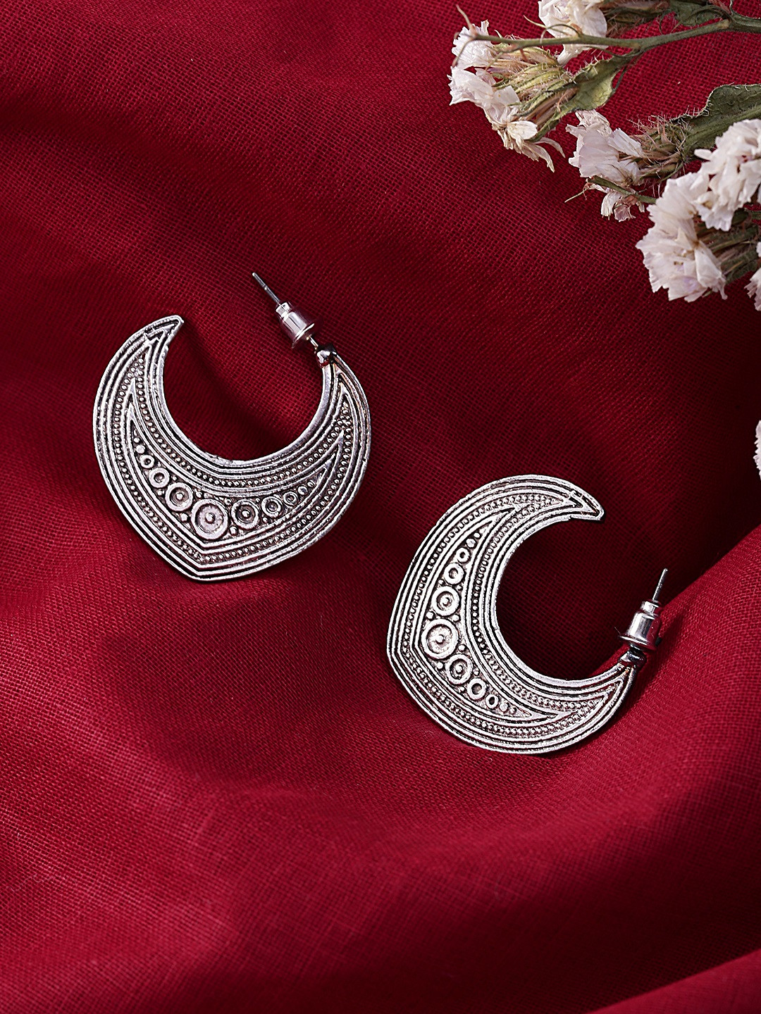 

ToniQ Silver-Toned Geometric Silver Tribal Fusion Half Hoop Earrings