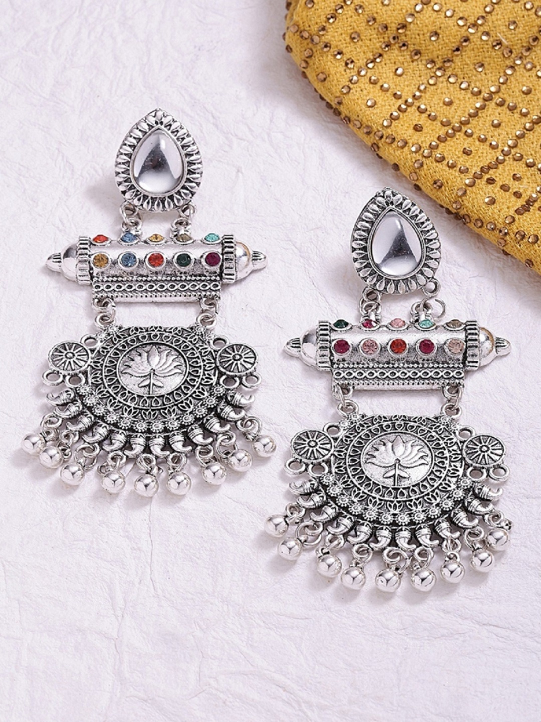 

ToniQ Silver-Toned Fusion Tribal Contemporary Drop Earrings