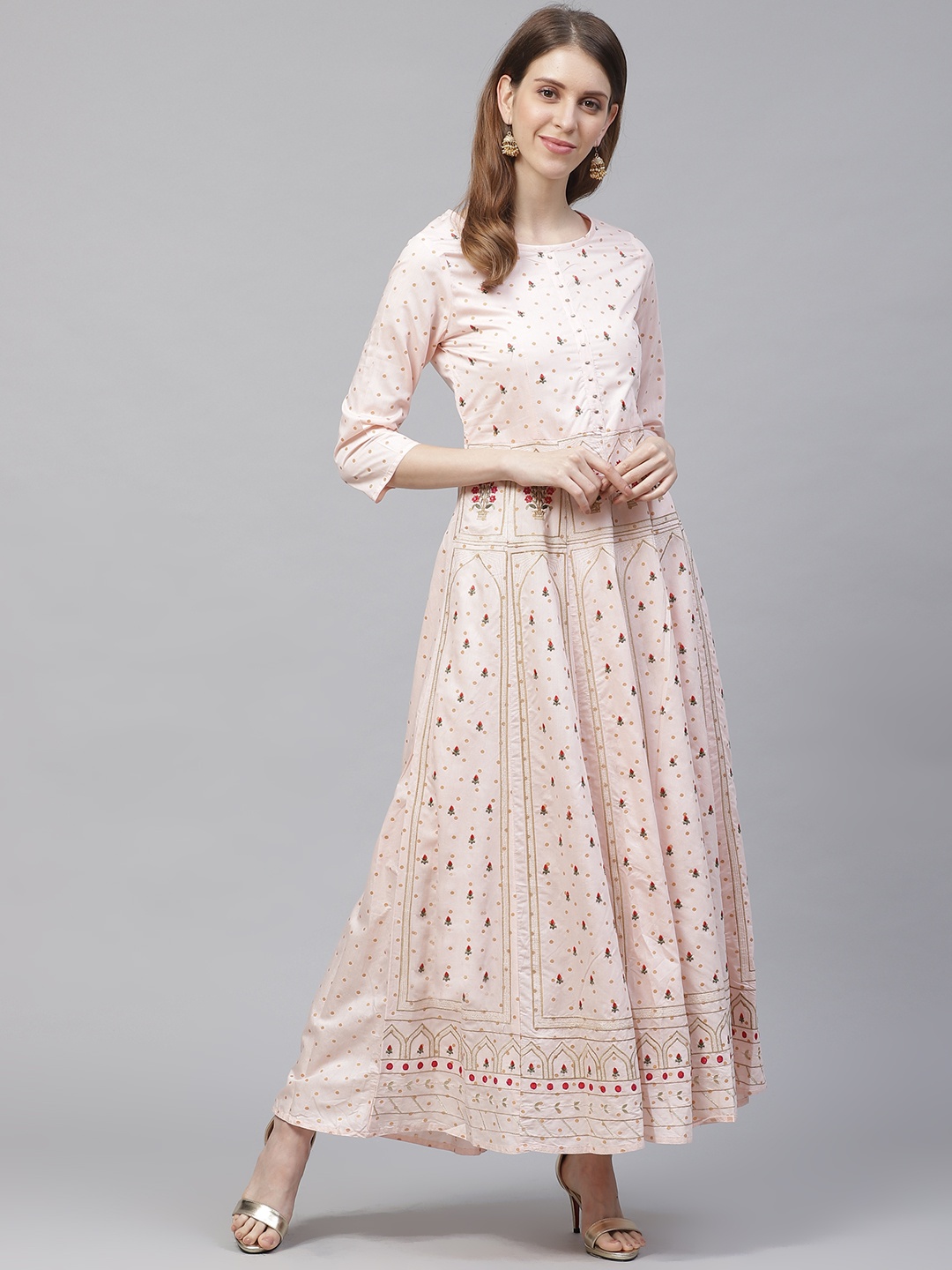 

Ishin Women Peach-Coloured & Golden Floral Embroidered Anarkali Kurta