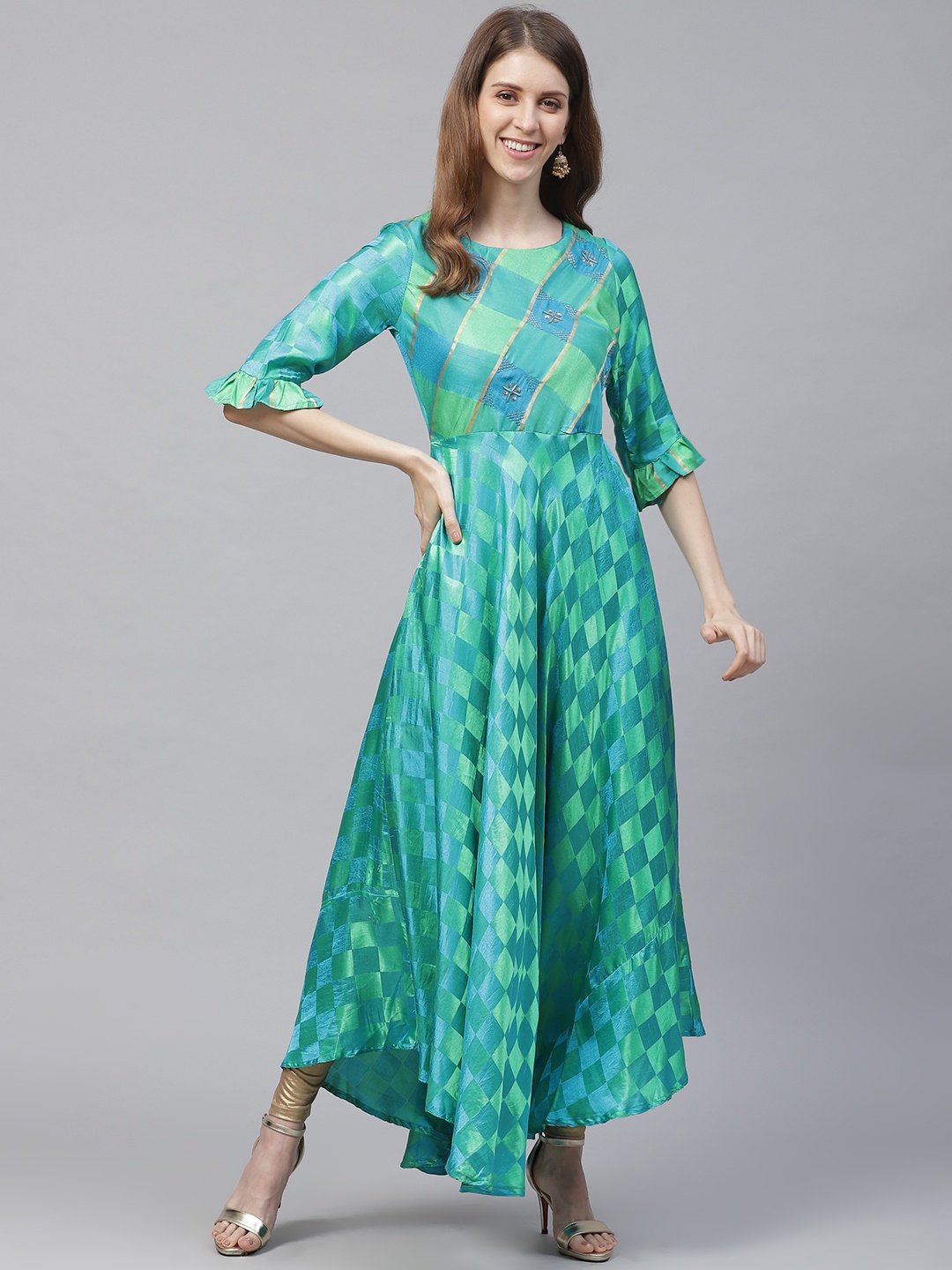 

Ishin Women Green & Blue Checked Asymmetric Anarkali Kurta With Embellished Detail