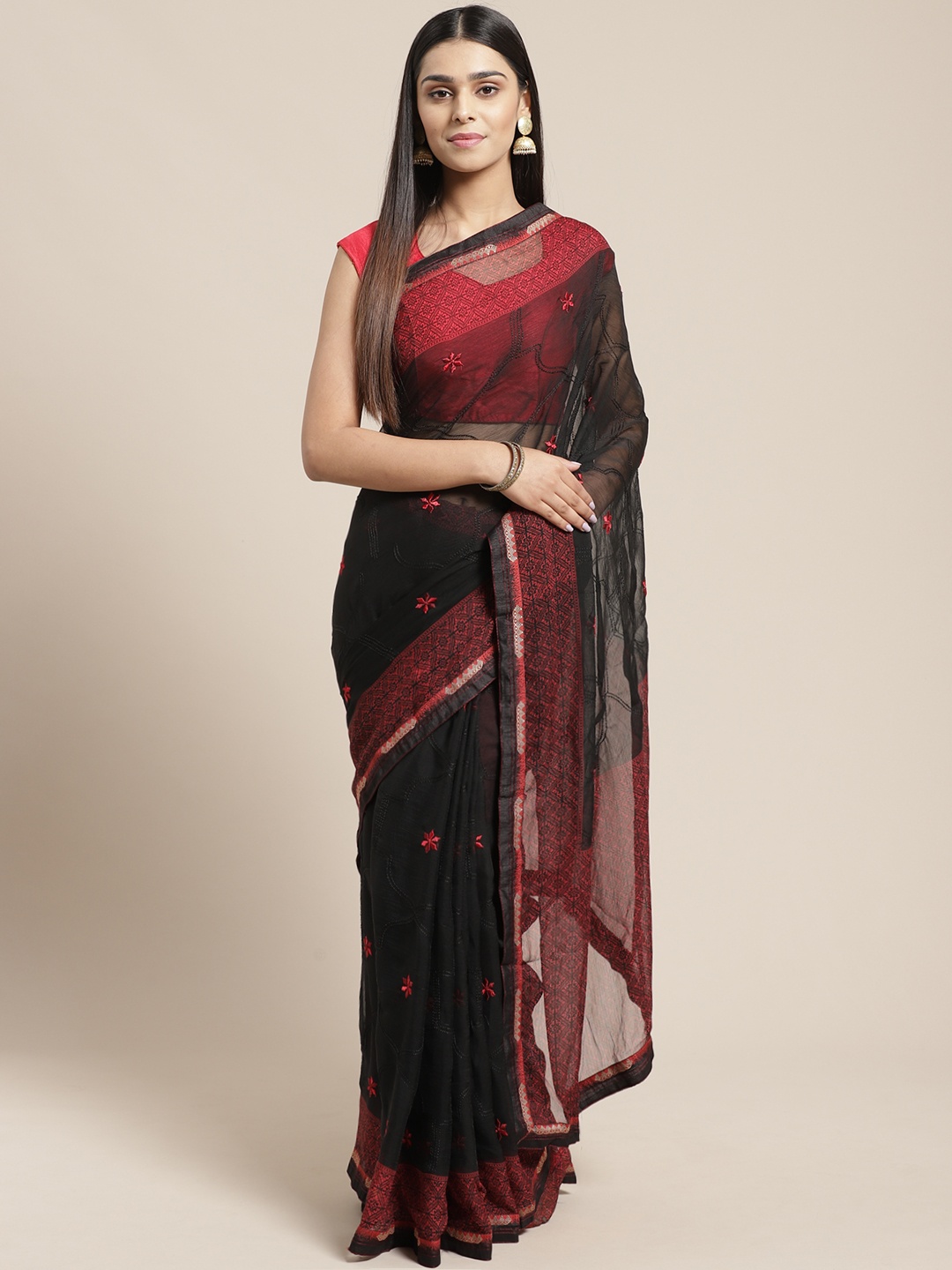 

Mitera Black & Red Embroidered Saree