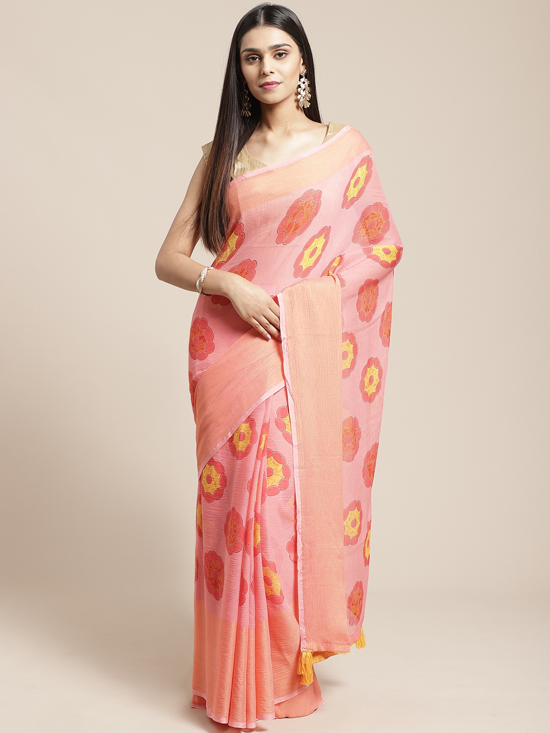 

Mitera Peach-Coloured & Yellow Printed Saree
