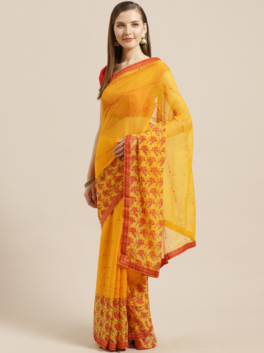 

Mitera Mustard Yellow & Red Floral Print Saree