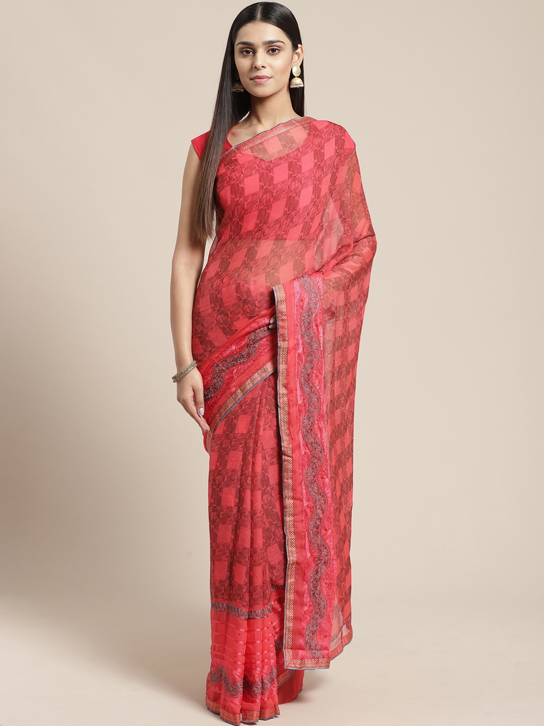 

Mitera Coral Pink & Brown Embroidered Checked Saree