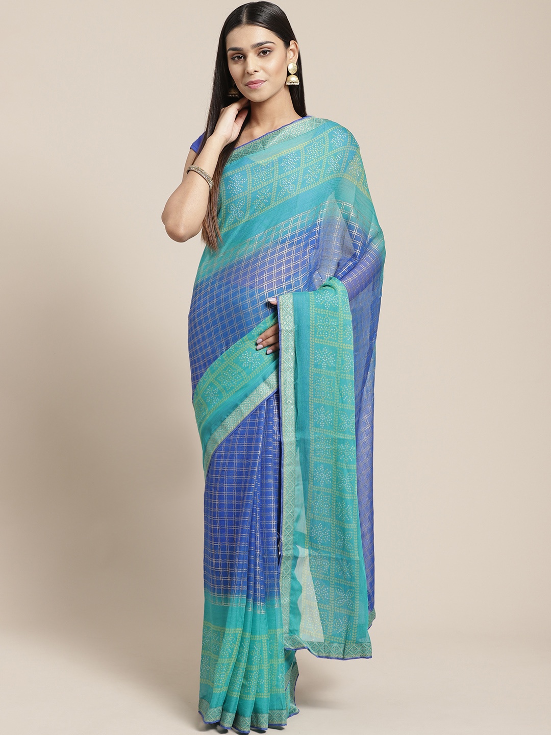 

Mitera Blue & Green Bandhani Print Checked Saree