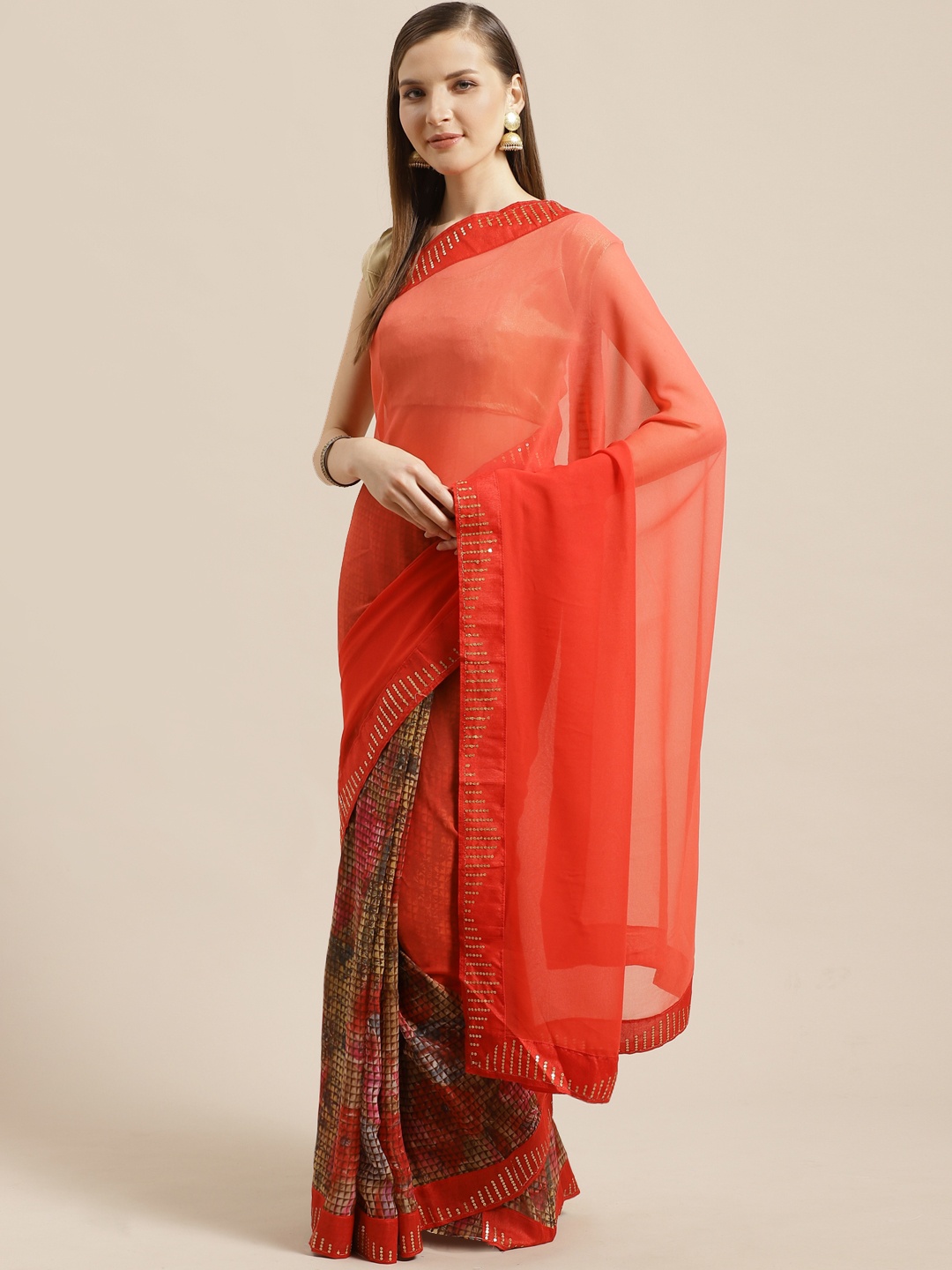 

Mitera Red & Blue Half & Half Floral Printed Saree