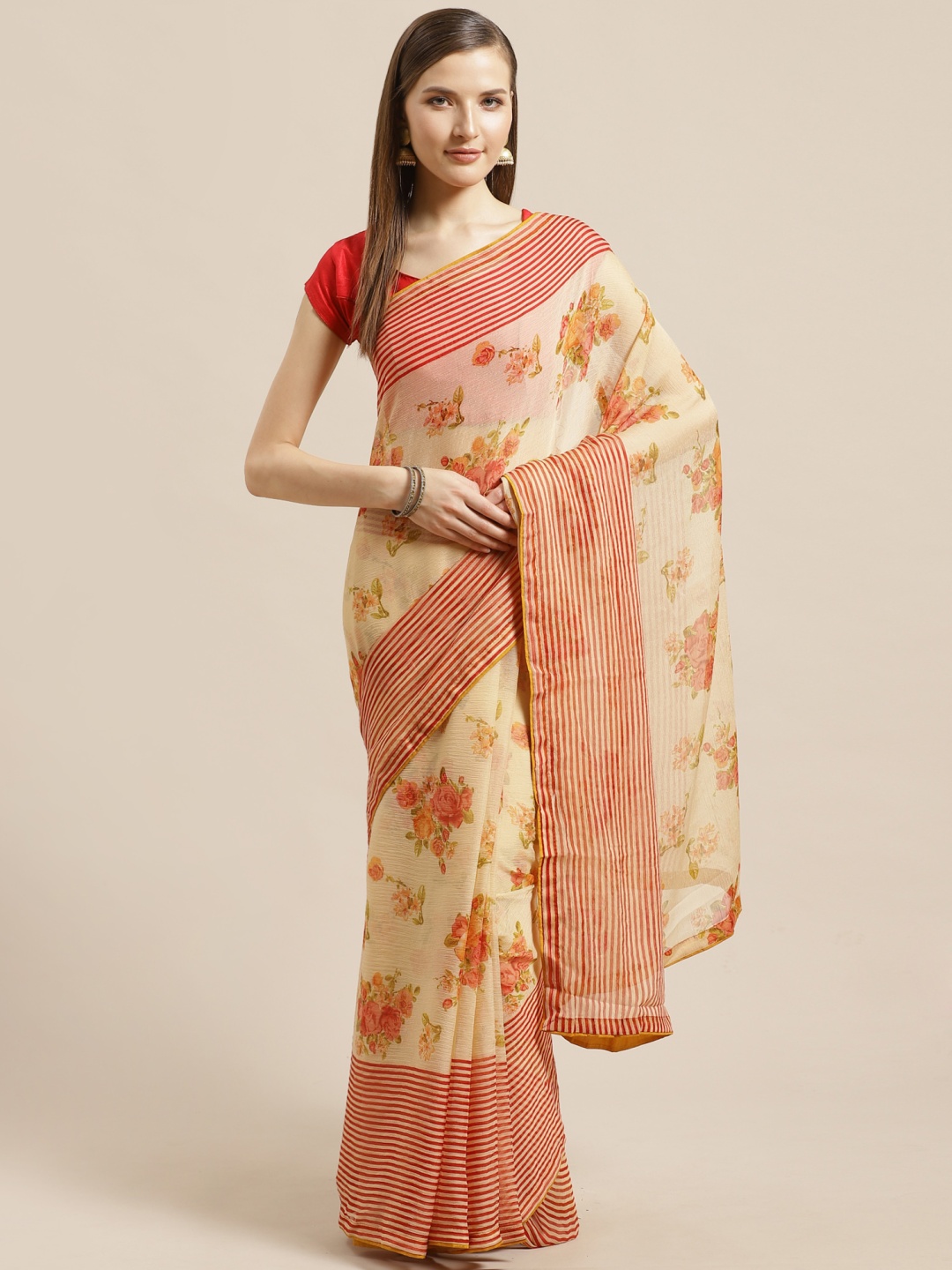 

Mitera Yellow & Orange Floral Printed Saree