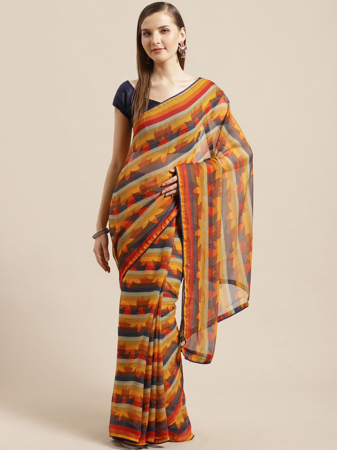 

Mitera Mustard Yellow & Navy Blue Floral Printed Saree