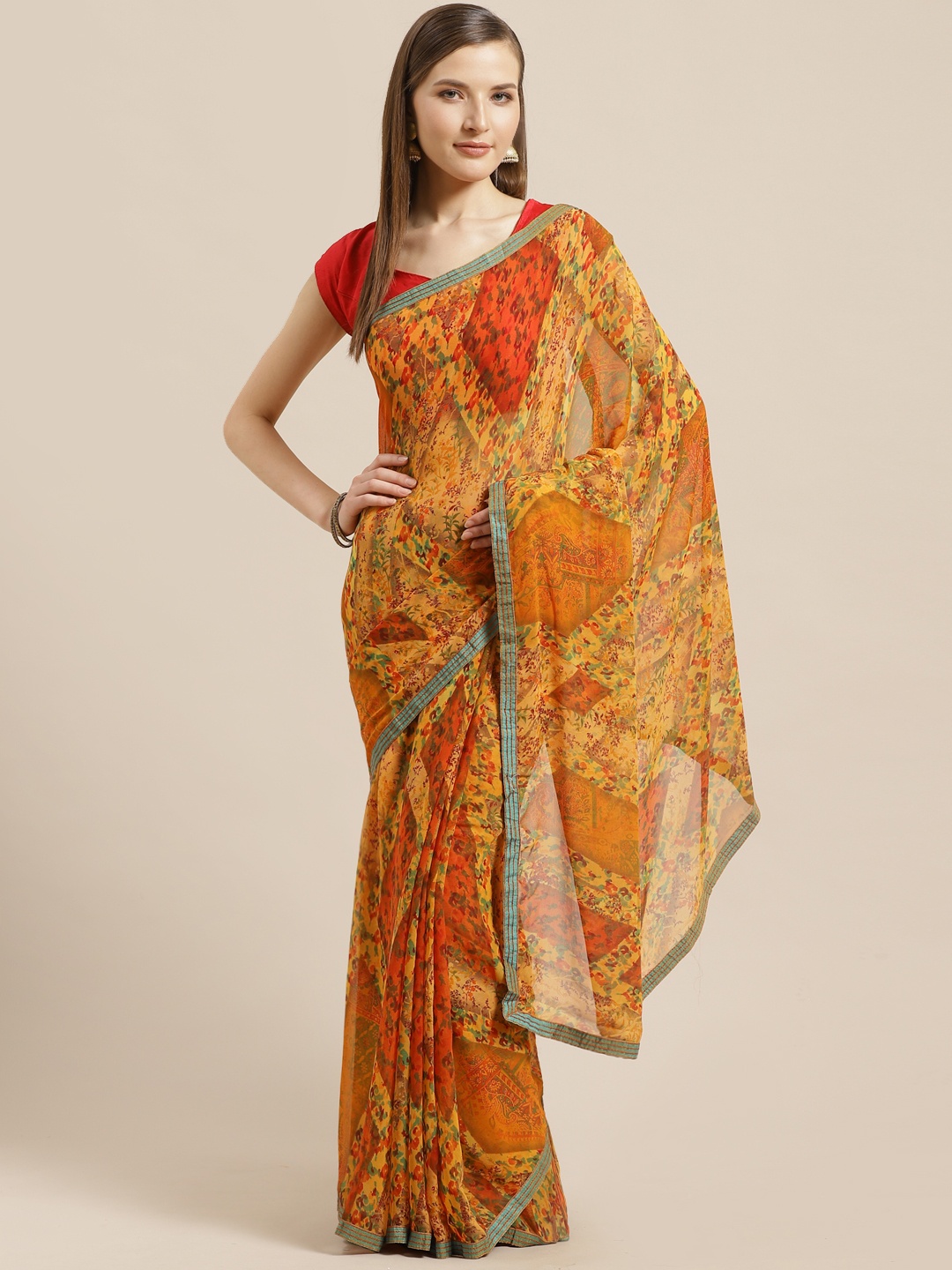 

Mitera Mustard Yellow & Orange Floral Printed Saree