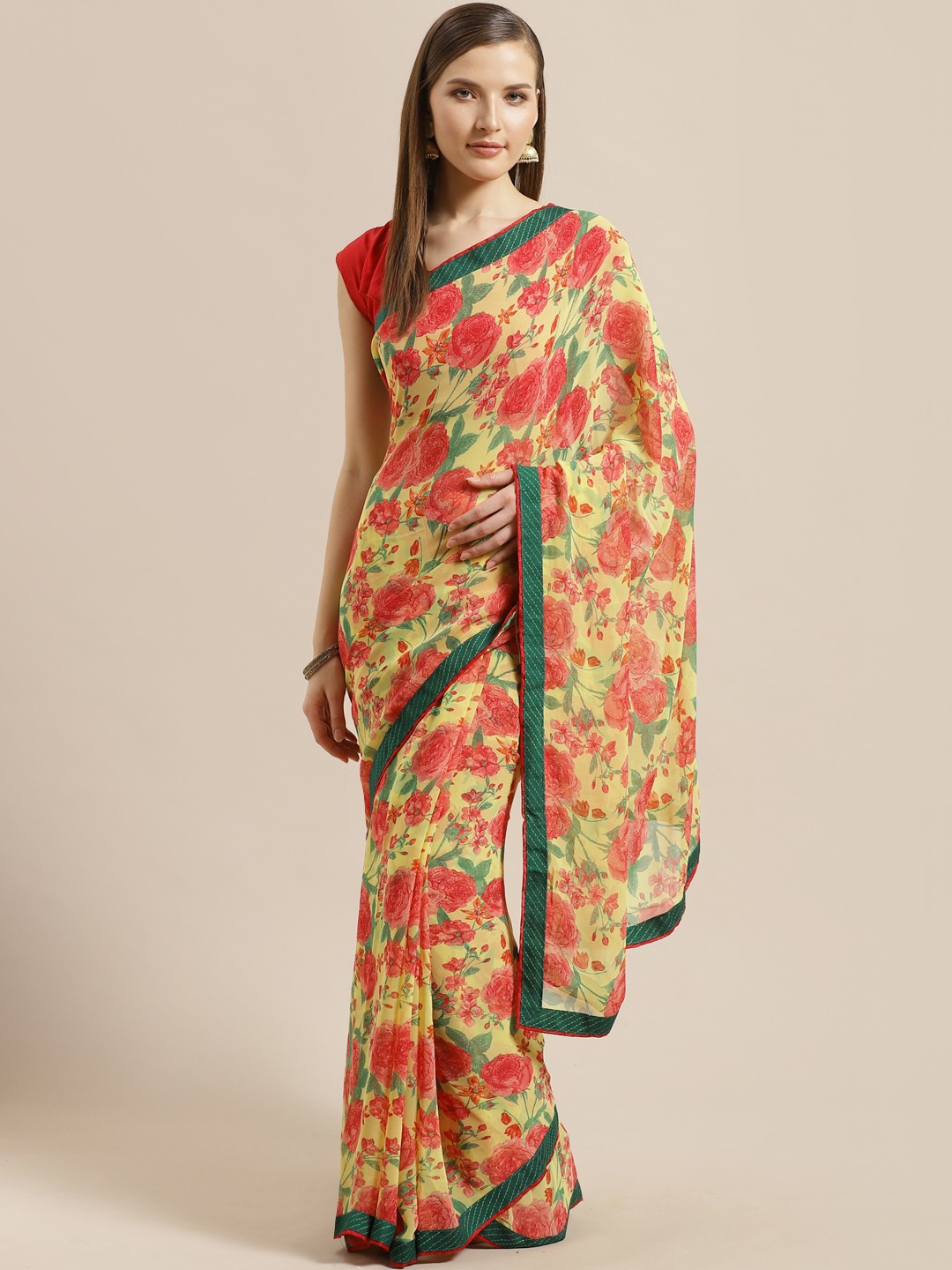 

Mitera Yellow & Red Floral Print Saree
