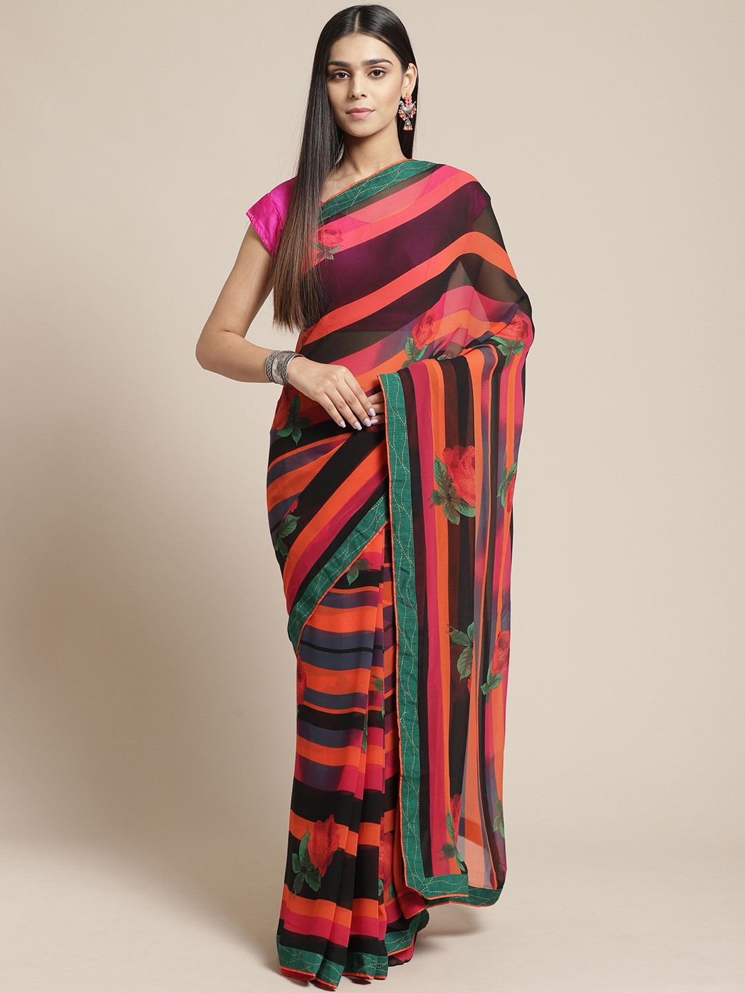 

Mitera Pink & Black Striped Saree