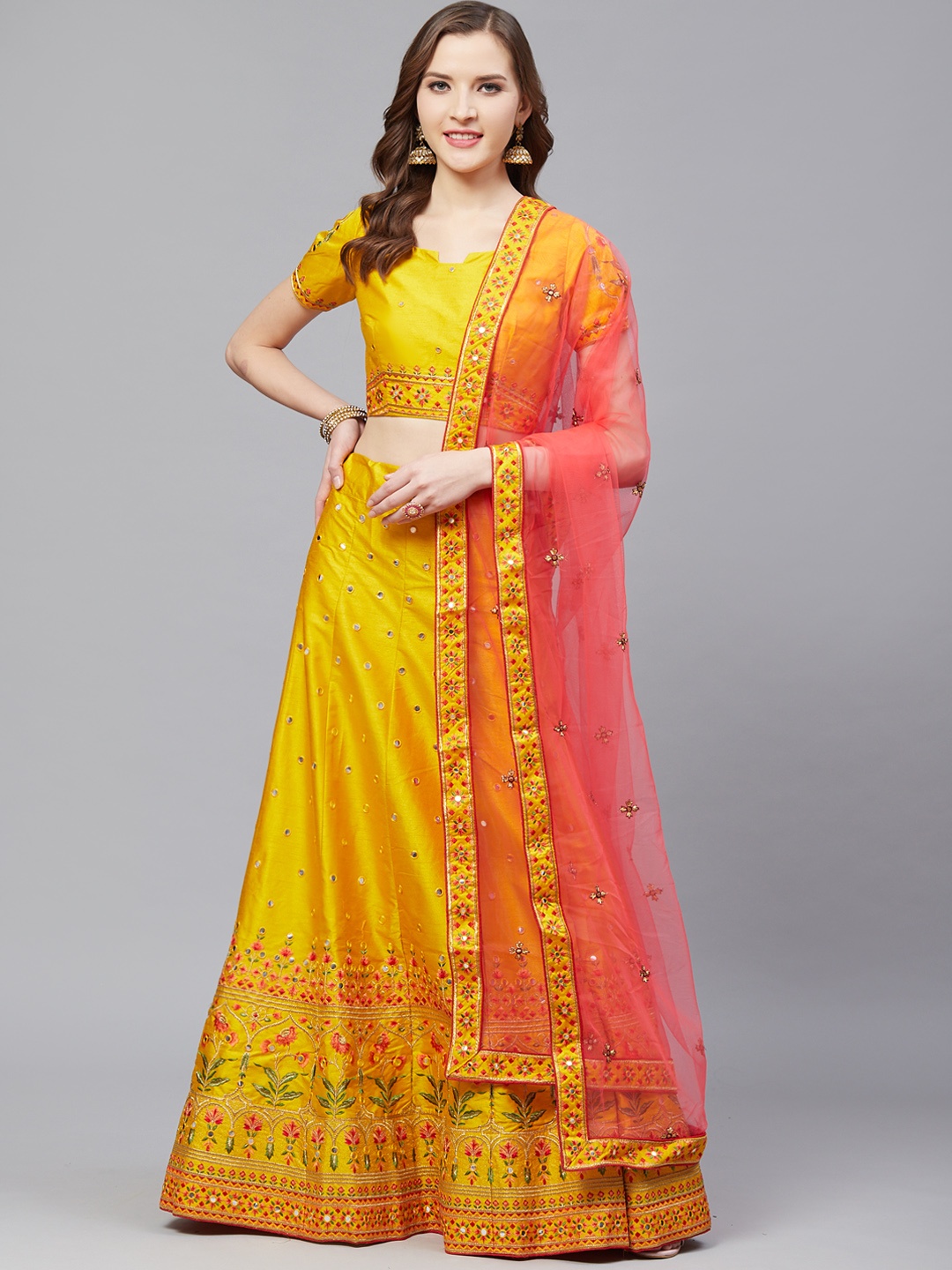

Mitera Mustard Yellow Semi-Stitched Lehenga & Blouse with Dupatta
