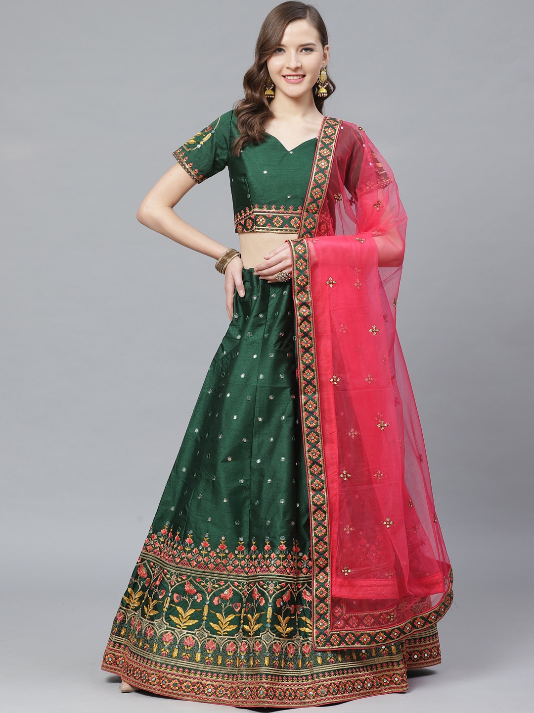 

Mitera Mustard Green & Pink Mirror Semi-Stitched Lehenga & Unstitched Blouse with Dupatta