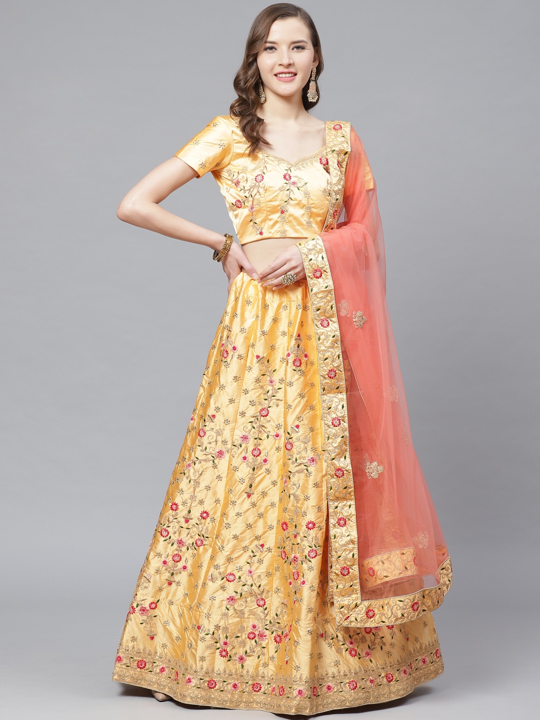 

Yellow Zari Embroidered Satin Semi-Stitched Lehenga & Unstitched Blouse with Dupatta