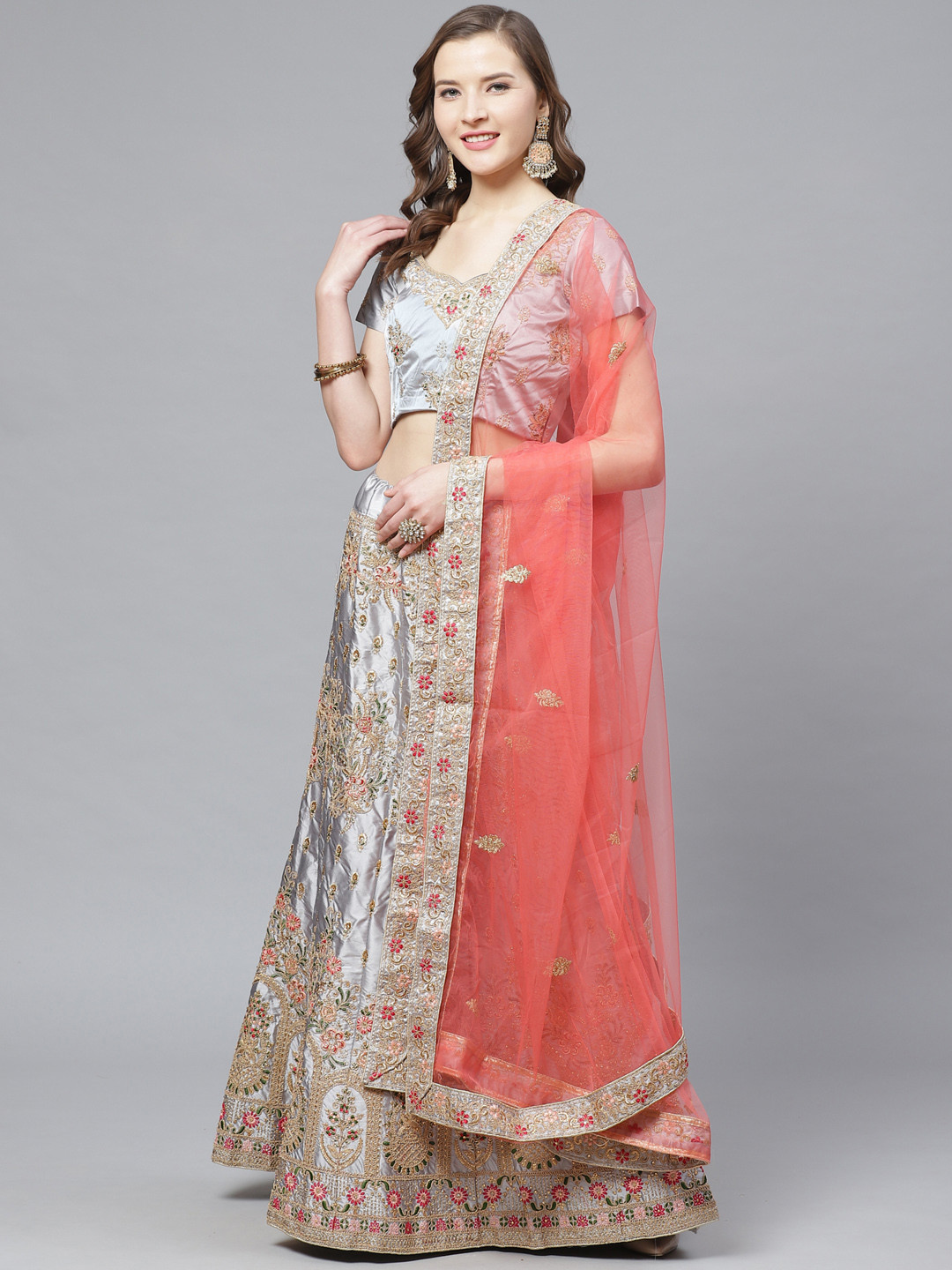 

Mitera Grey Zari Embroidered Satin Semi-Stitched Lehenga & Unstitched Blouse with Dupatta