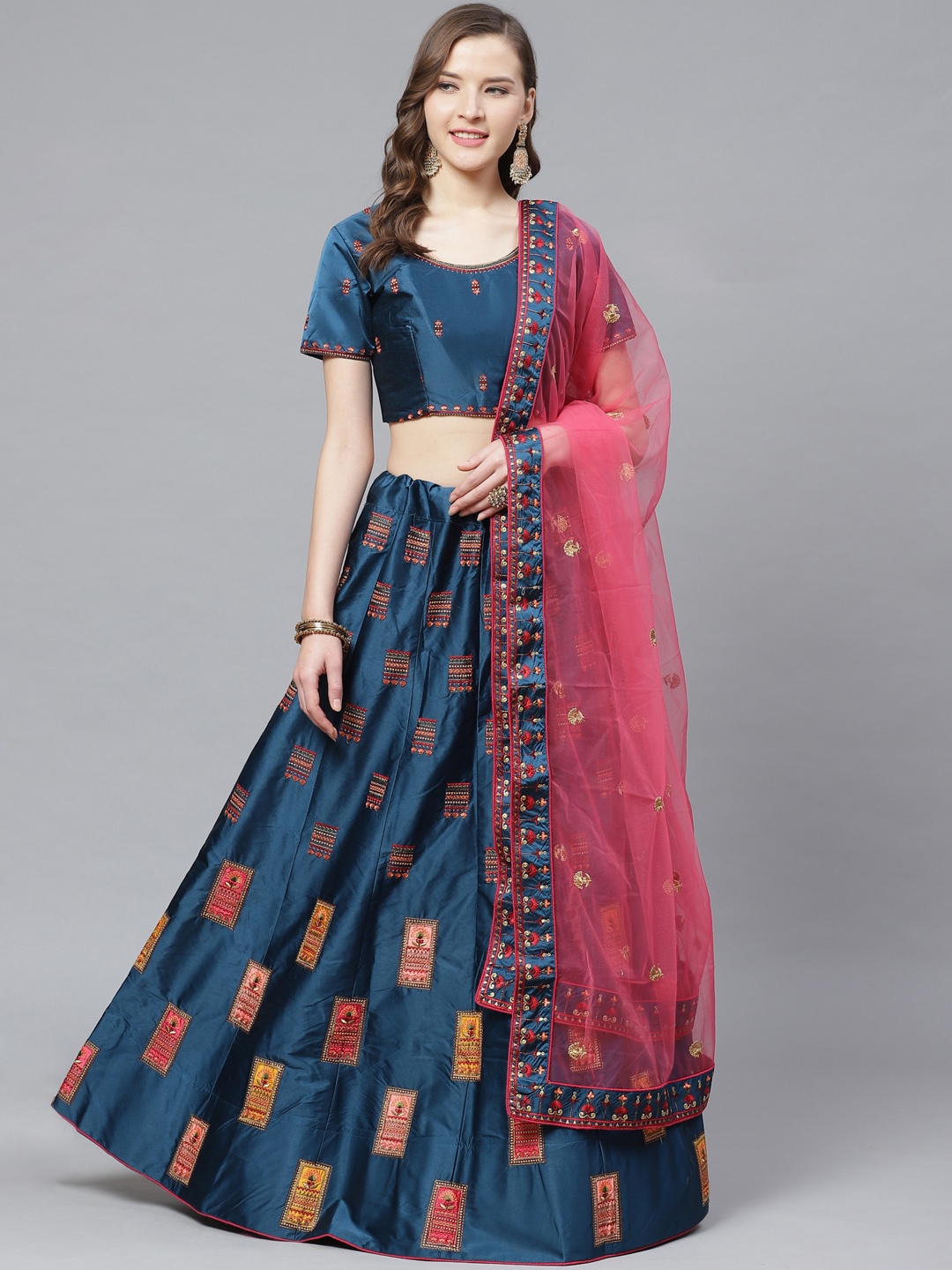 

Mitera Teal Blue Embroidered Satin Semi-Stitched Lehenga & Unstitched Blouse with Dupatta