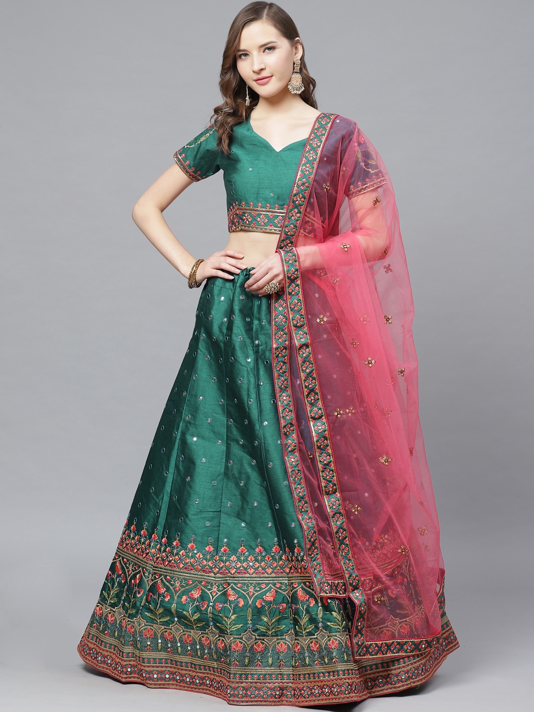 

Mitera Teal Mirror Embroidered Semi-Stitched Lehenga & Unstitched Blouse with Dupatta