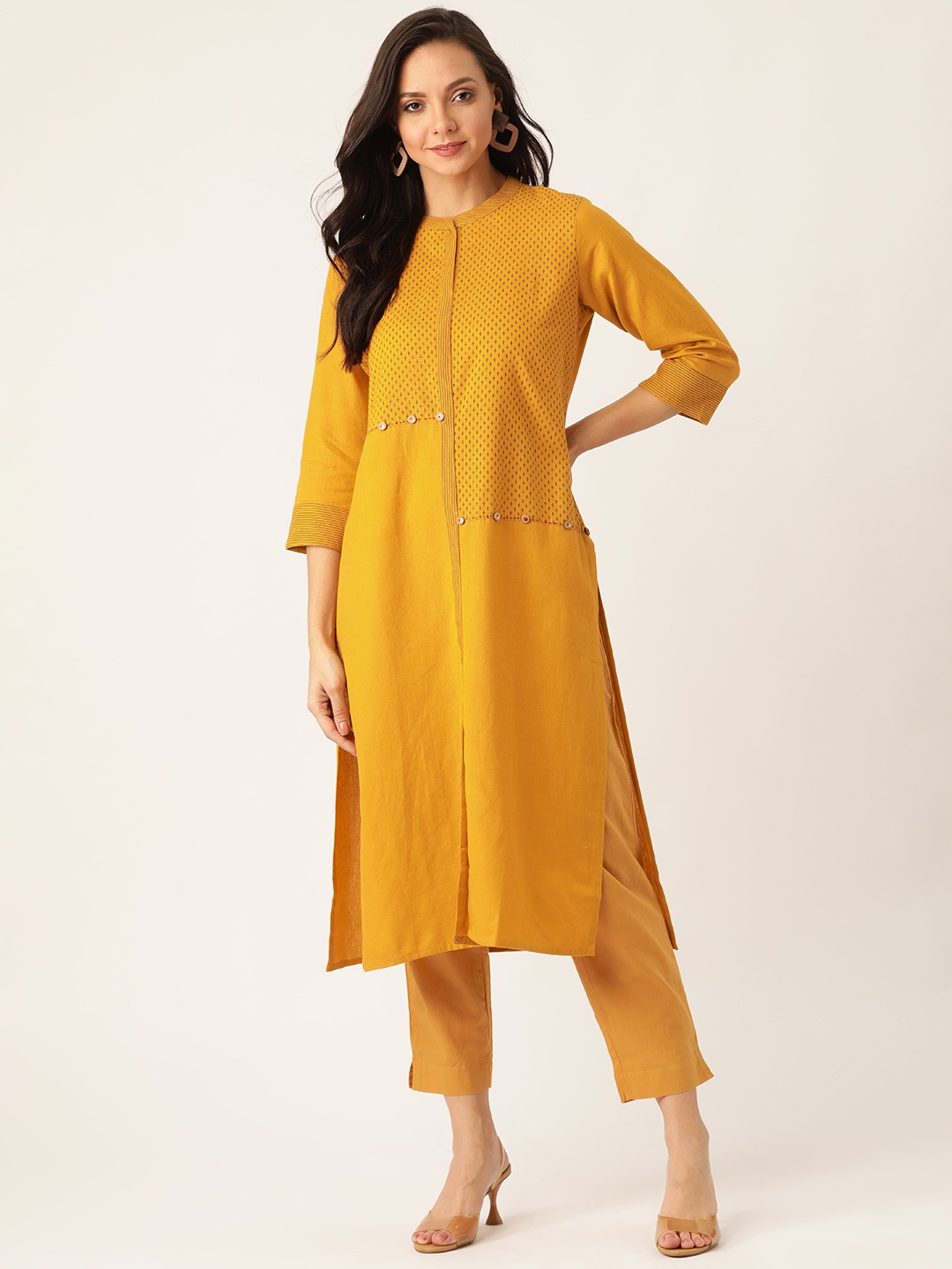 

Sangria Women Mustard Yellow & Black Printed Kurta with Trousers