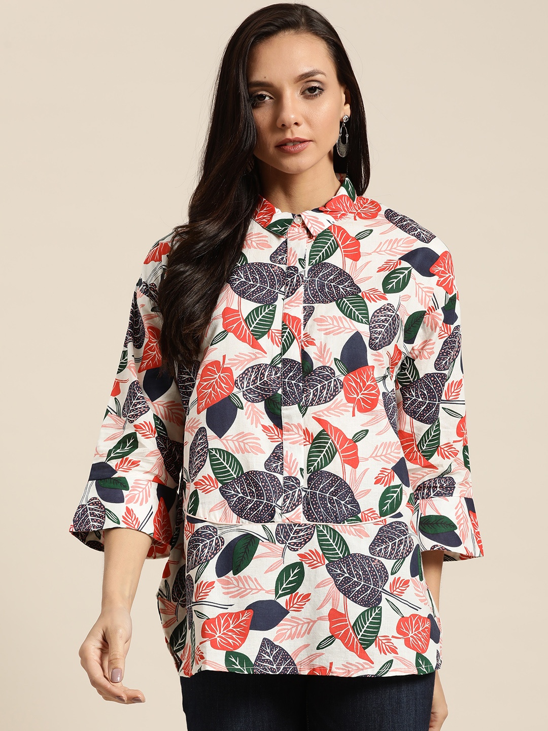 

Sangria Women White & Navy Blue Pure Tropical Printed Shirt Style Pure Cotton Top