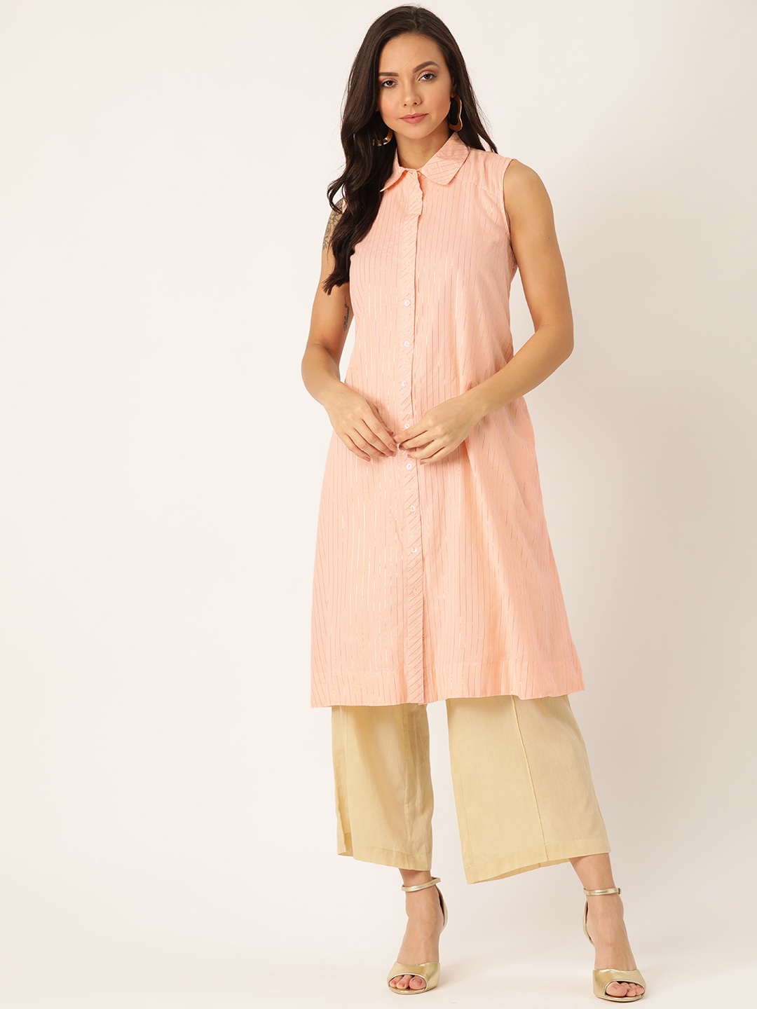 

Sangria Women Peach-Coloured & Golden Striped A-Line Kurta