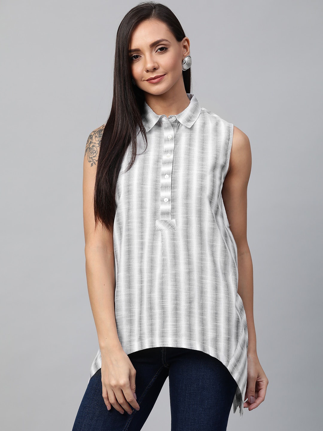 

Sangria Women White & Charcoal Grey Yarn Dyed Striped Shirt Style Pure Cotton Top