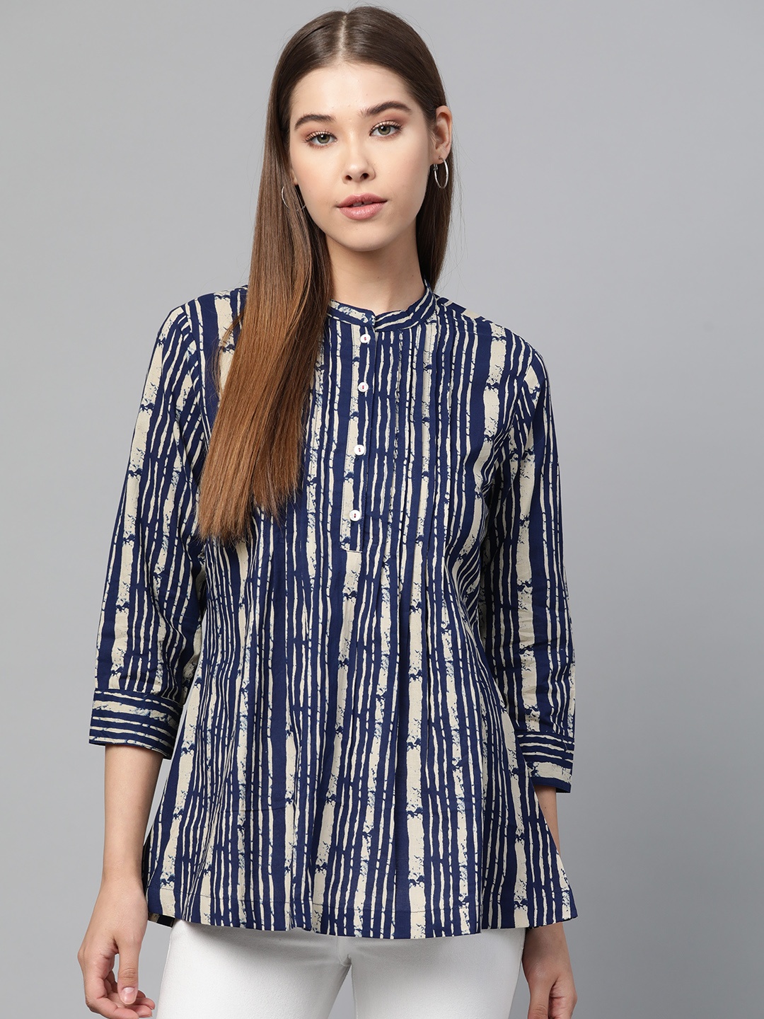 

Sangria Women Navy Blue & Cream-Coloured Striped Pure Cotton Top