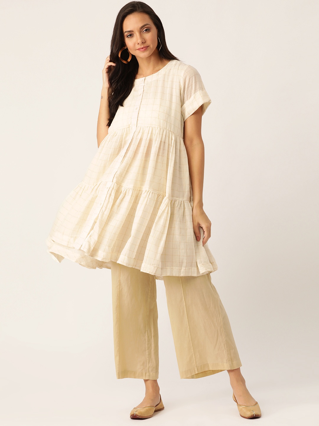

Sangria Women Off-White & Golden Checked Tiered A-Line Kurta