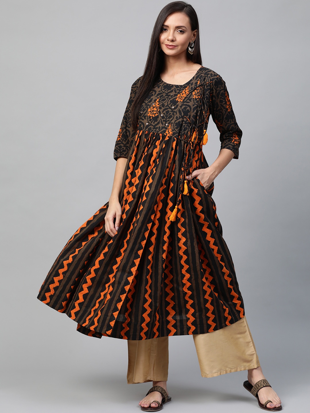 

Sangria Women Olive Brown & Orange Mirror Work Bagru Printed Angrakha Anarkali Sustainable Kurta