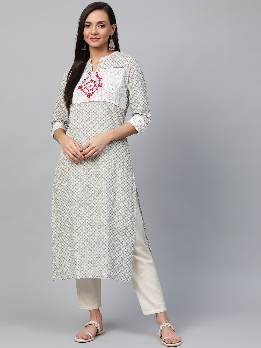 

Sangria Women Off White & Charcoal Grey Indie Print Straight Kurta With Embroidery Detail