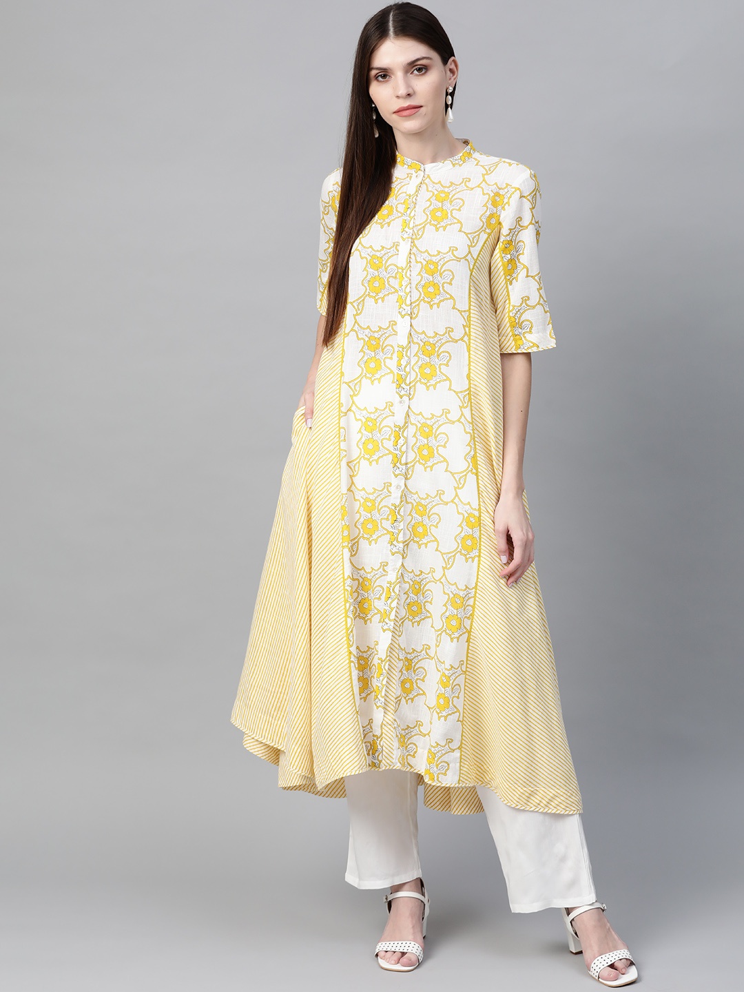 

Sangria Women Off-White & Yellow Printed Asymmetric hem A-Line Kurta