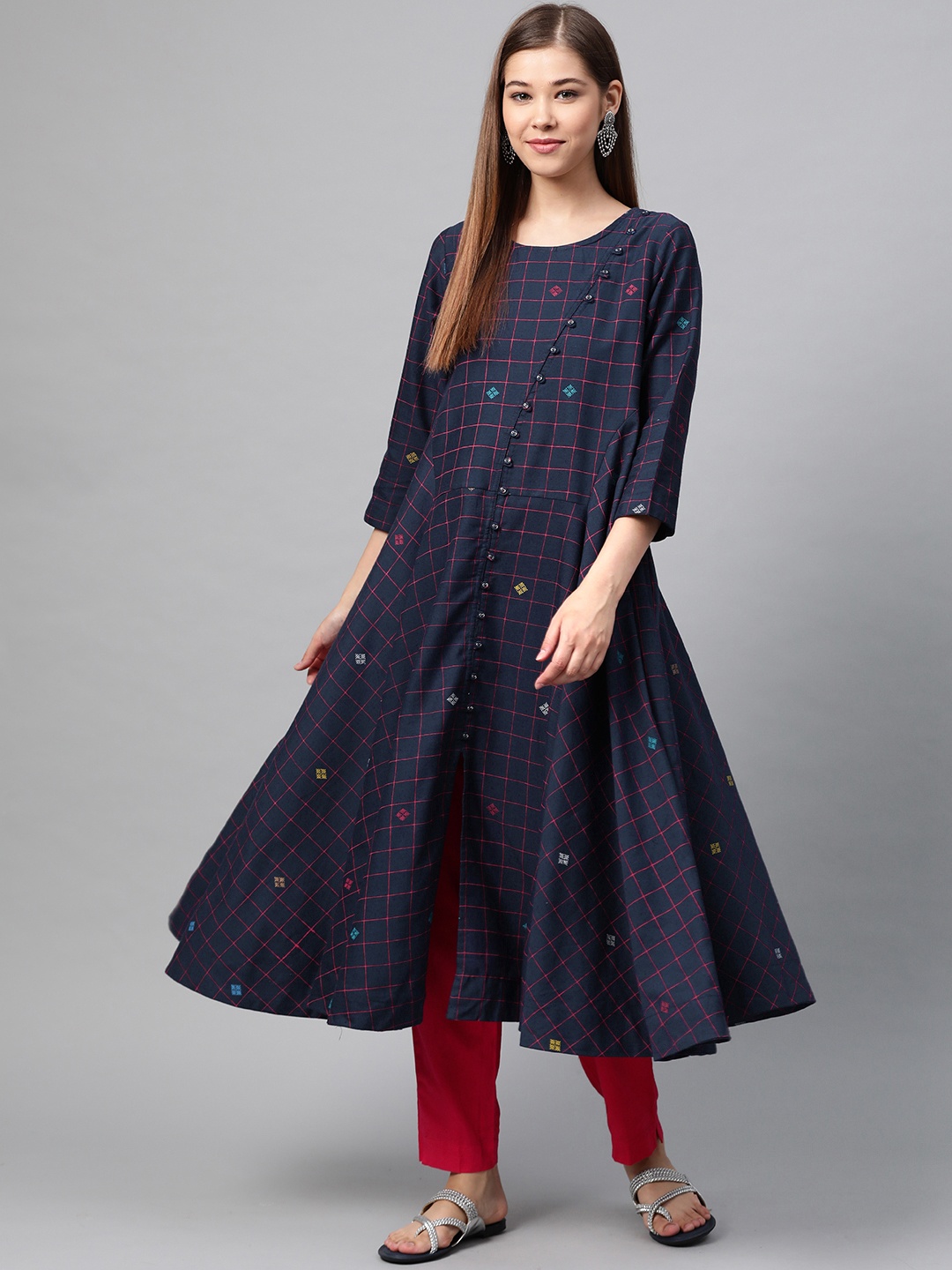 

Sangria Women Navy Blue & Pink Checked A-Line Kurta