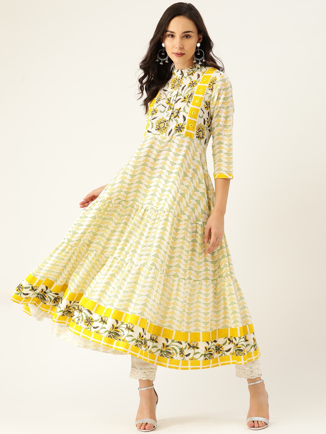

Sangria Women Off-White & Mustard Yellow Geometric Printed Tiered Anarkali Kurta