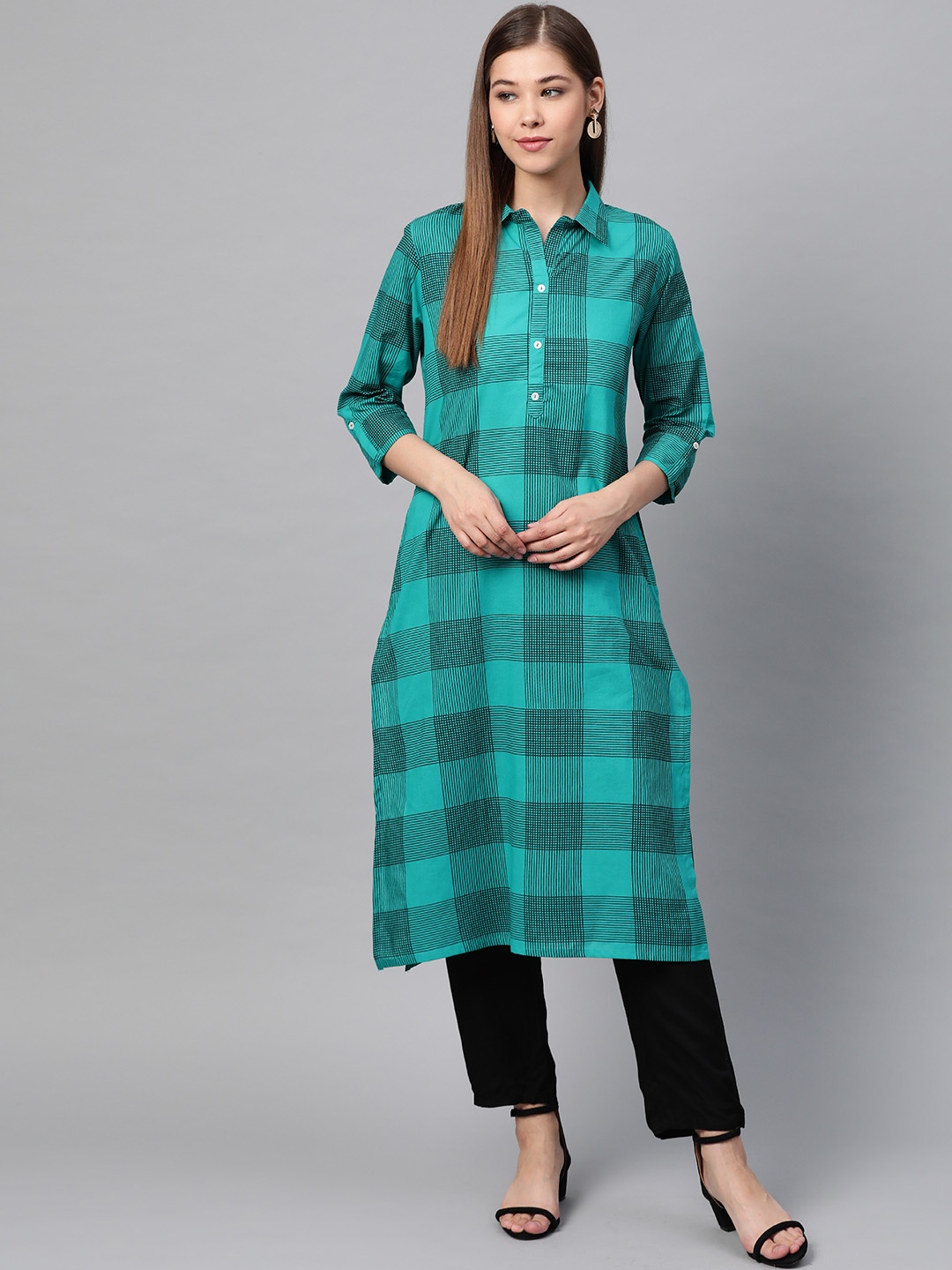 

Sangria Women Blue & Black Checked Straight Kurta