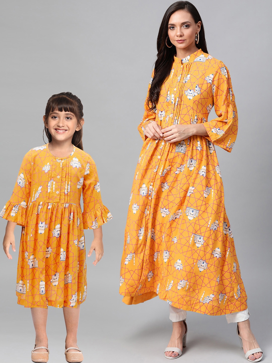 

Sangria Women Mustard Yellow & Off-White Printed A-Line Kurta