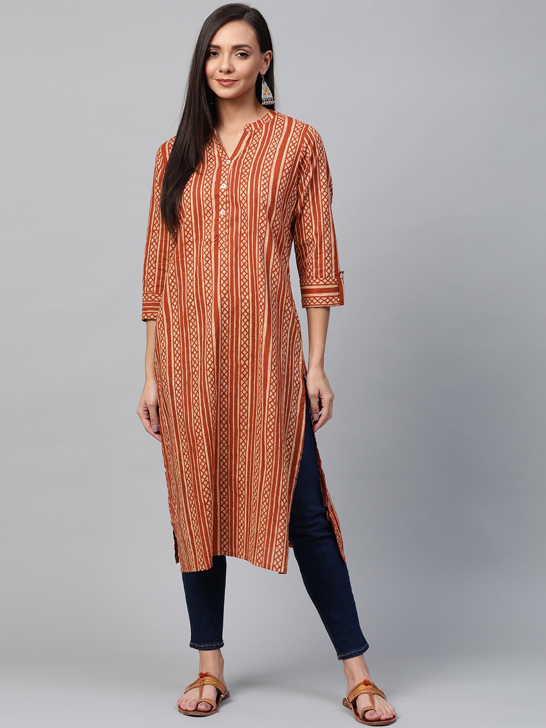 

Sangria Women Rust Brown & Beige Striped Straight Kurta