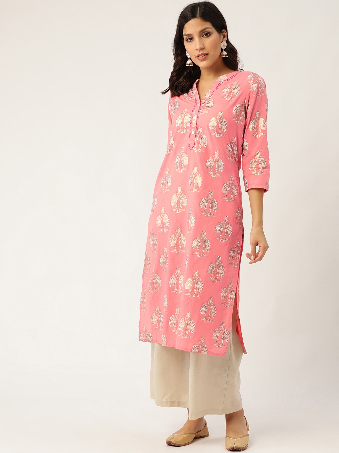 

Sangria Women Pink & Golden Printed Straight Kurta