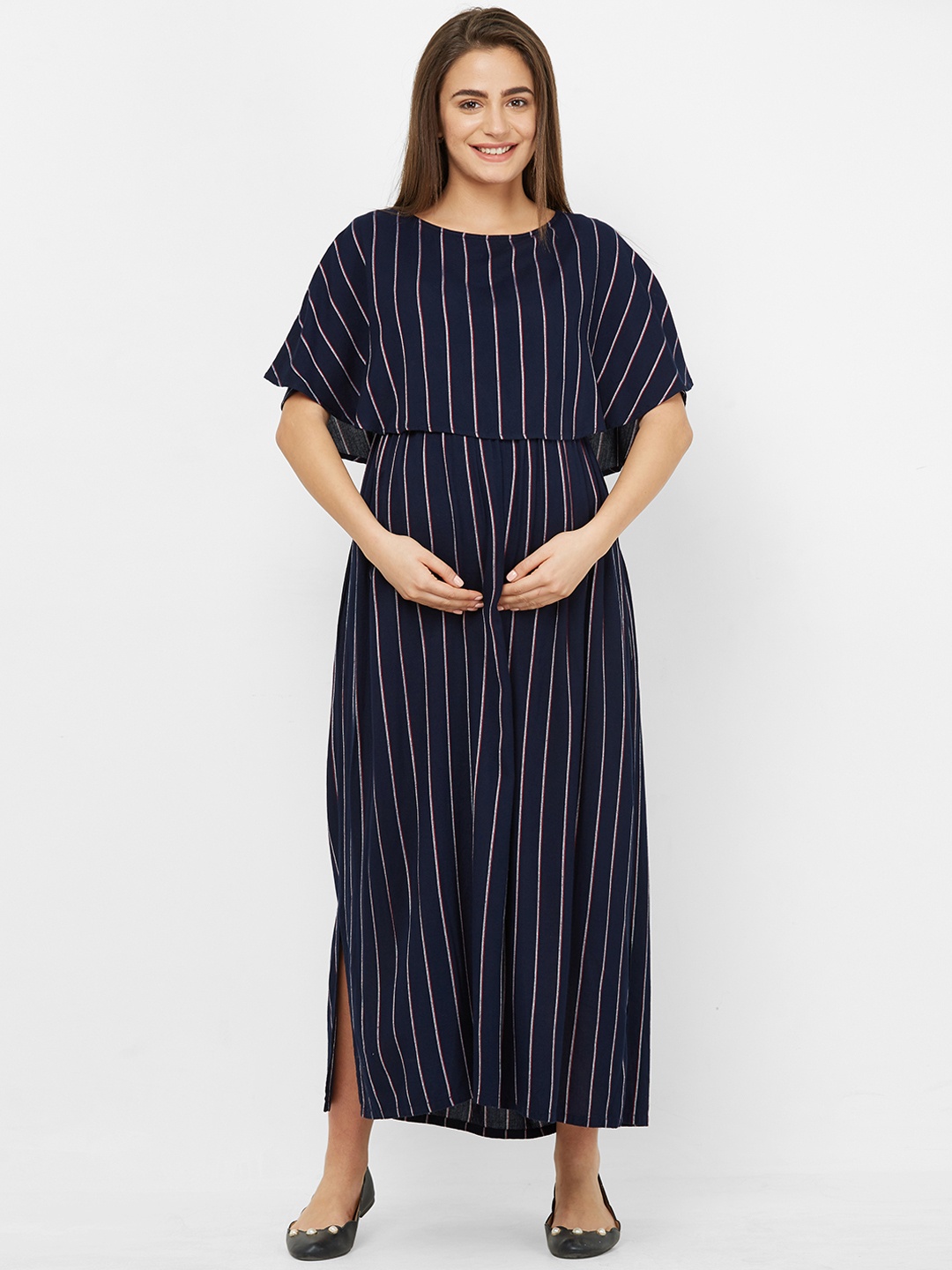

Mystere Paris Women Navy Blue & Off-White Striped Maternity Maxi Dress