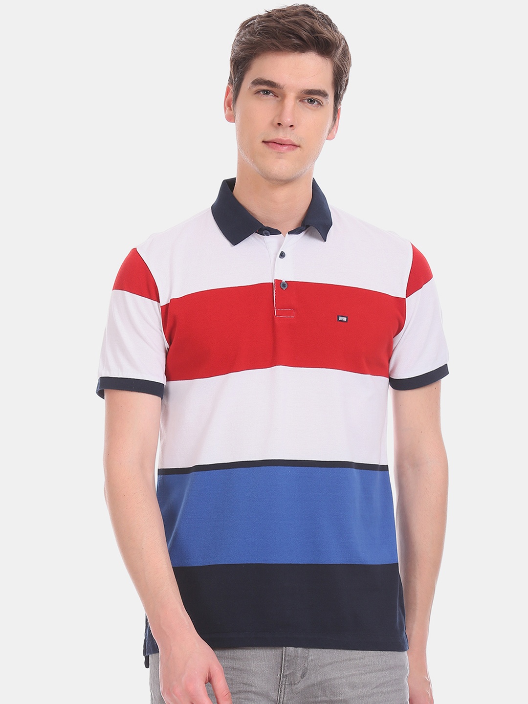 

Arrow Sport Men White Red Colourblocked Polo Collar Pure Cotton T-shirt