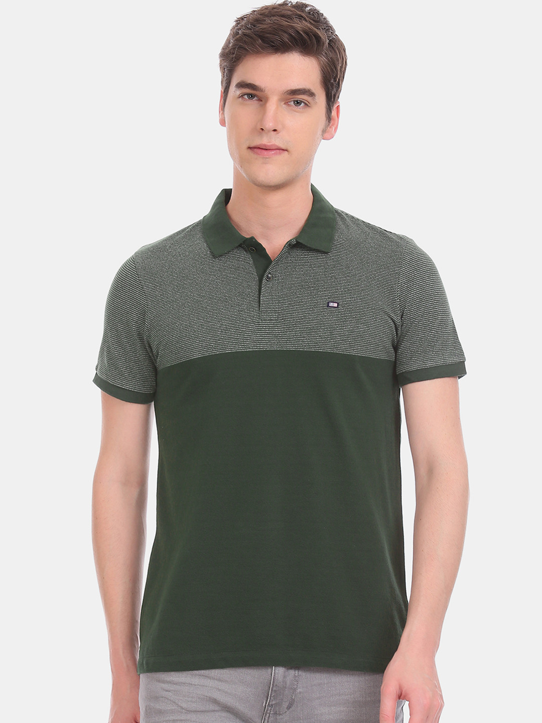 

Arrow Sport Men Olive Green White Colourblocked Polo Collar Pure Cotton T-shirt